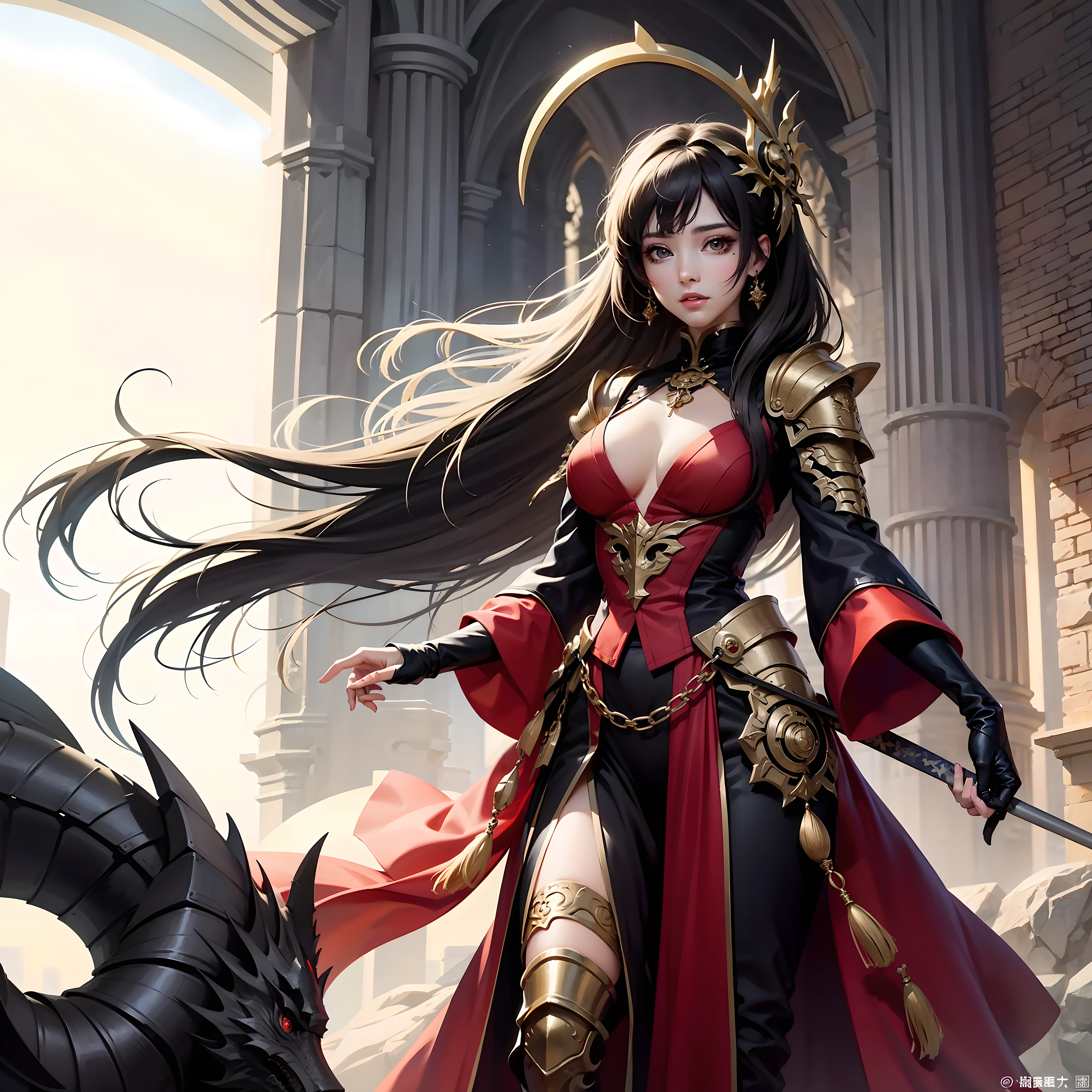 Strong Dragon Knight Princess、A woman equipped with colorful armor in front of the cathedral is a mysterious beauty、Its face is、Orchan's face、makeups、Same hairstyle。
skincare: Orchan's skin is Rui々It is transparent。To condition the skin、I try to have the right skincare routine。To create transparent skin、Use a thin foundation or BB cream、Natural finish。
eye make up: How to make eyes like Orchan、Using eyeshadow in bright or pastel colors、Makes the eyes look gorgeous.。
Lip Makeup: Natural ruddy lip color。It's Orchan Hair。Shiri is、A beautiful sight that captivates the hearts of all who see it。The cathedral is a complex architectural design with rainbow colors.、Balanced and beautiful。Heavily detailed、Breathtaking beauty、precise lineart、with a vibrant、Hair swaying with the movement of the wind、outfits。Master's masterpieces。Comprehensive film、Number of colorful accessories々Is the real yoki、The fantasy armor of the Dragon Knight Queen is as amazing as Final Fantasy。(the most beautiful portrait in the world:1.5)