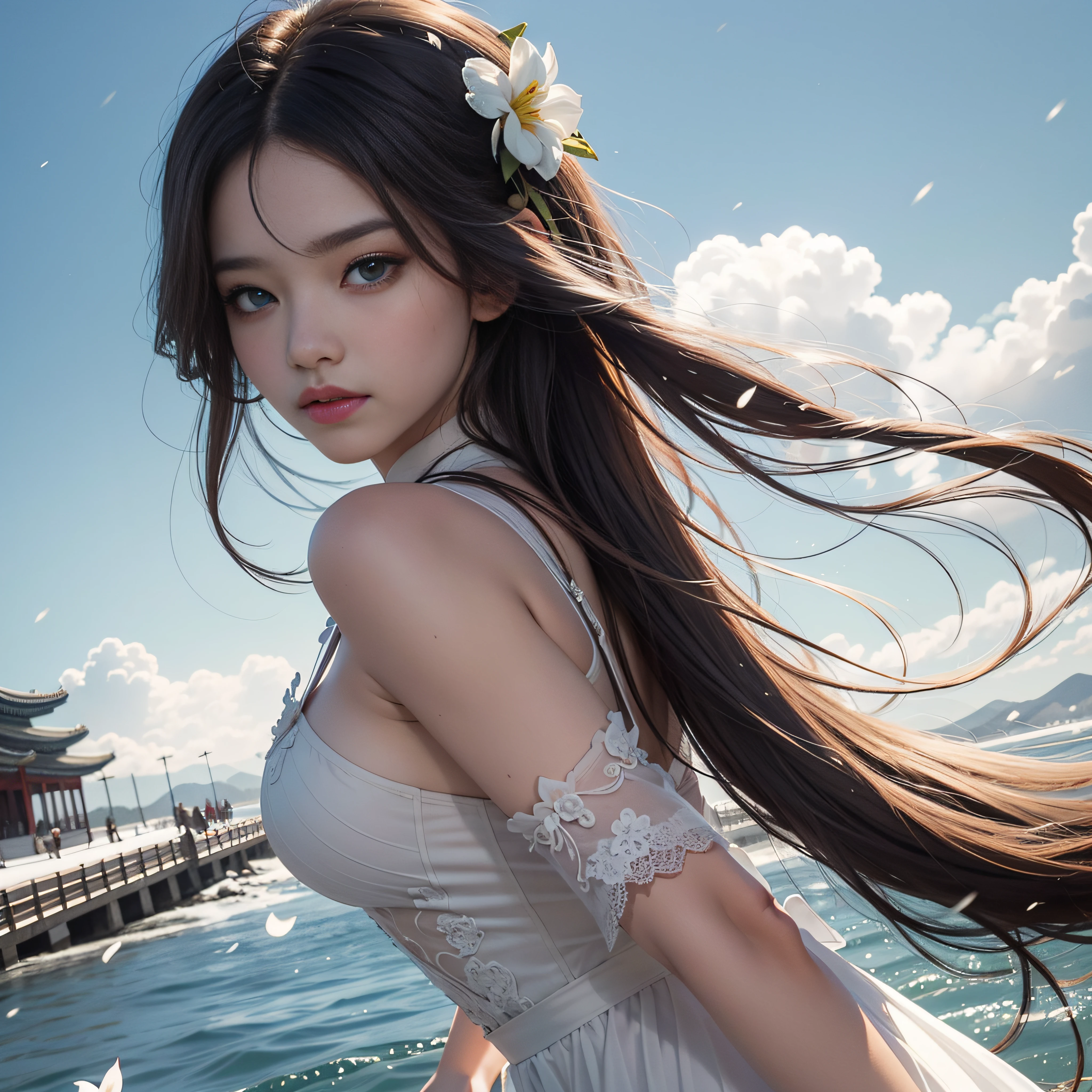 Gyeongbokgung，atlantean，Beautie，Yue Wang Gou Jian sword，martial，Aerocoagulation，Blow flowers，flying snow，Best quality, Master, high resolucion, Wuxia 1girl,Delicate sheer gauze garment，Delicate sheer gauze dress, Super beautiful face, super beautiful eye, Super beautiful hair Super beautiful face，Super beautiful eyes，Super beautiful hair，Cloud sideburns，