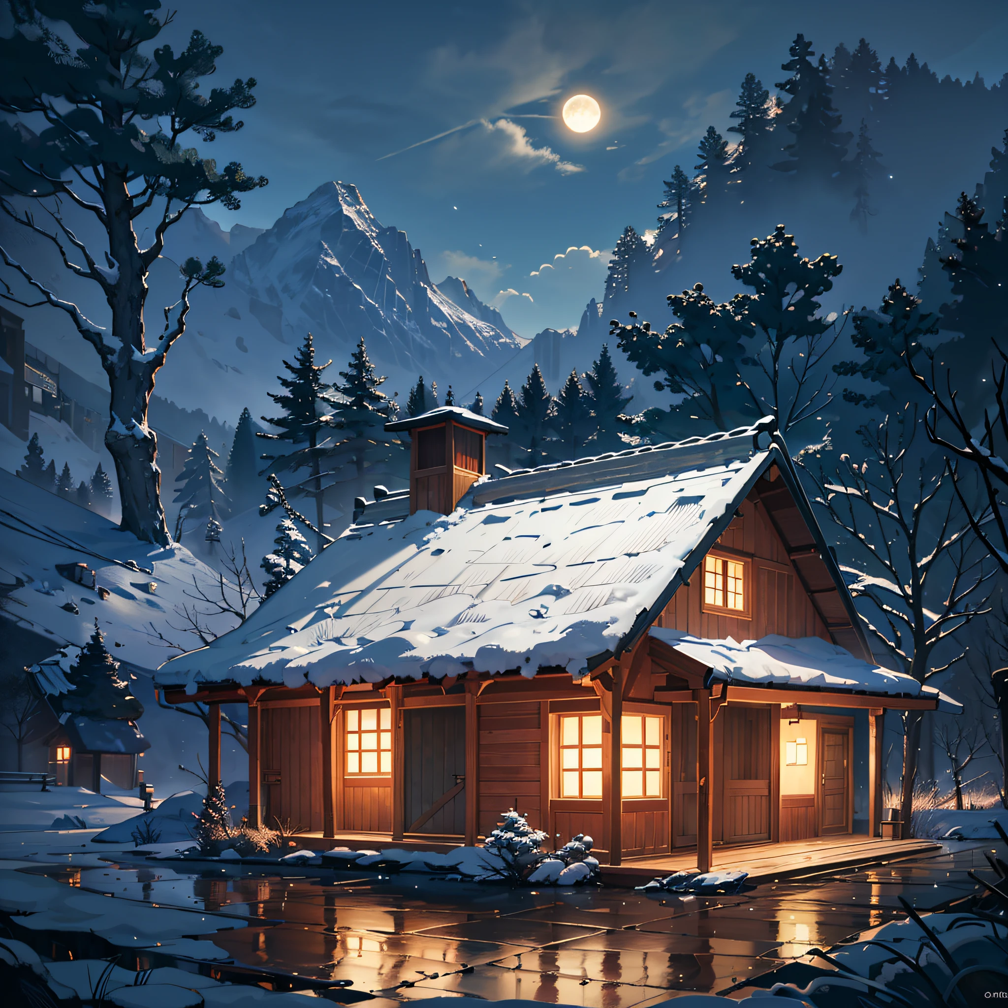 Generate an image of peaceful winter cabin with a roaring fire and snow outside --auto