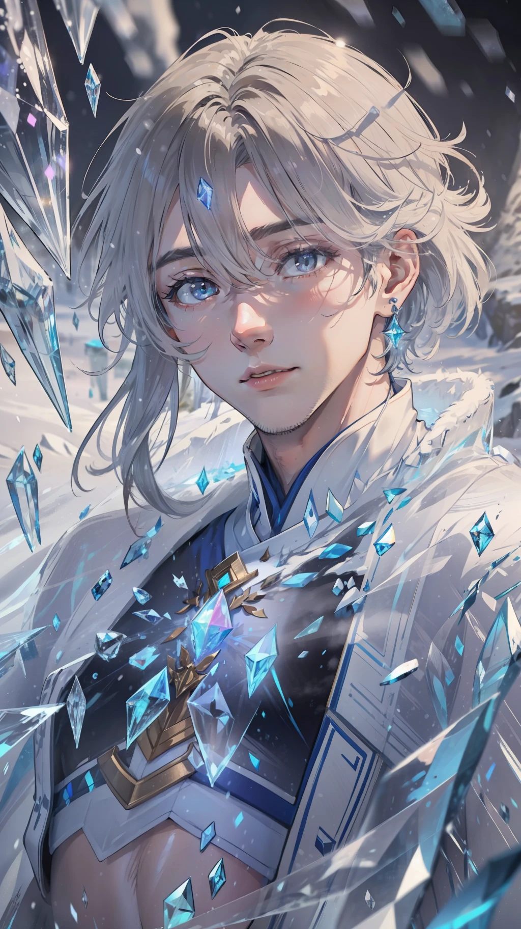 1boys，Young men，Male，superdetailed，Wallpapers，Hi-Def，optimal quality，（Ice and snow），Photorealistic photorealism，light particules，volumettic light，Photorealistic rendering，crystal shards，Ice and snow，Hair made of crystals，Land of gems，Transparent hair，White tulle，Gauze clothes，Flowing clothes