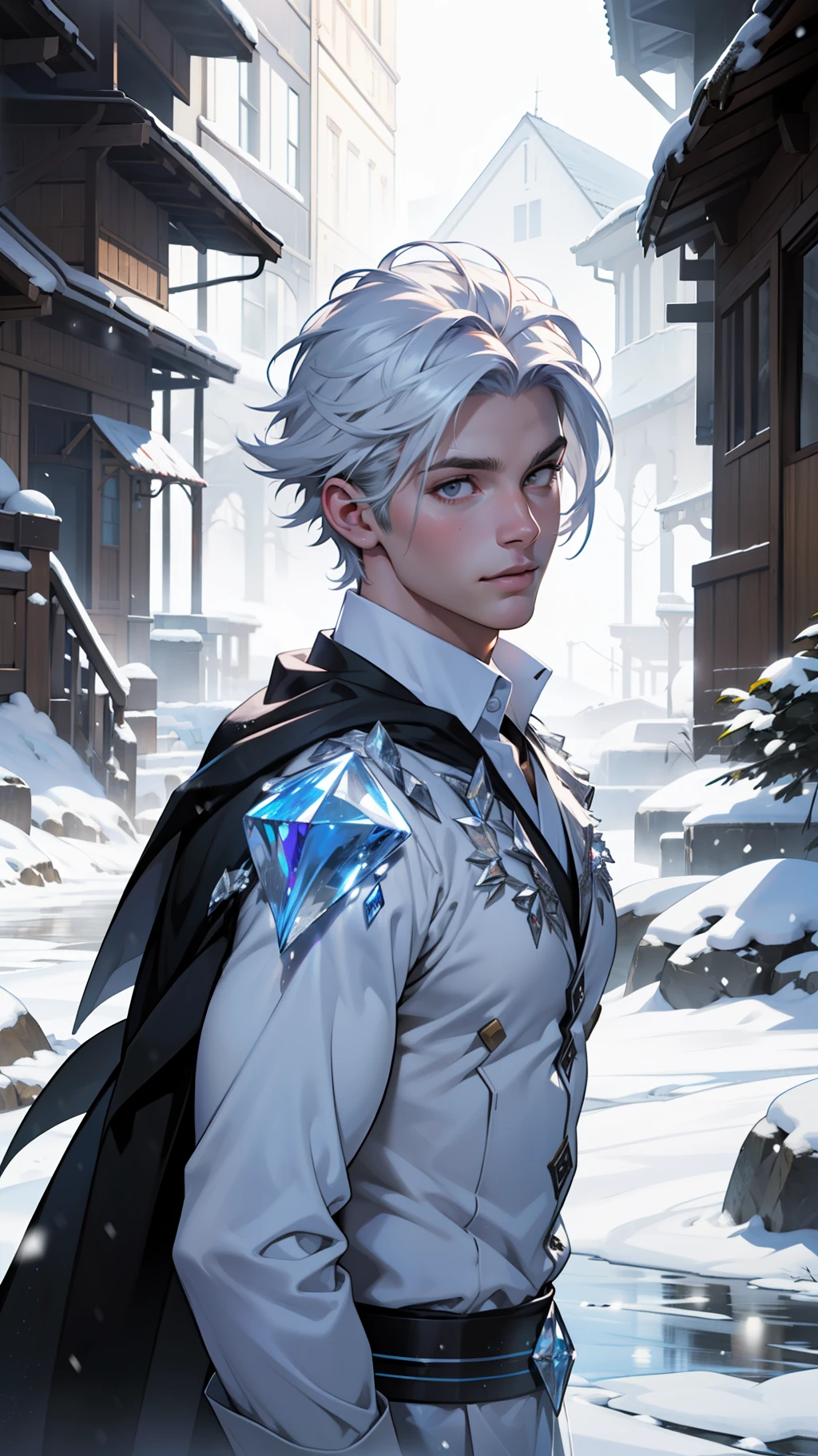 1boys,Young men,Male,superdetailed,Wallpapers,Hi-Def,optimal quality,(Ice and snow),Photorealistic photorealism,light particules,volumettic light,Photorealistic rendering,crystal shards,Ice and snow,Hair made of crystals,Land of gems,Transparent hair,White tulle,Gauze clothes,Flowing clothes