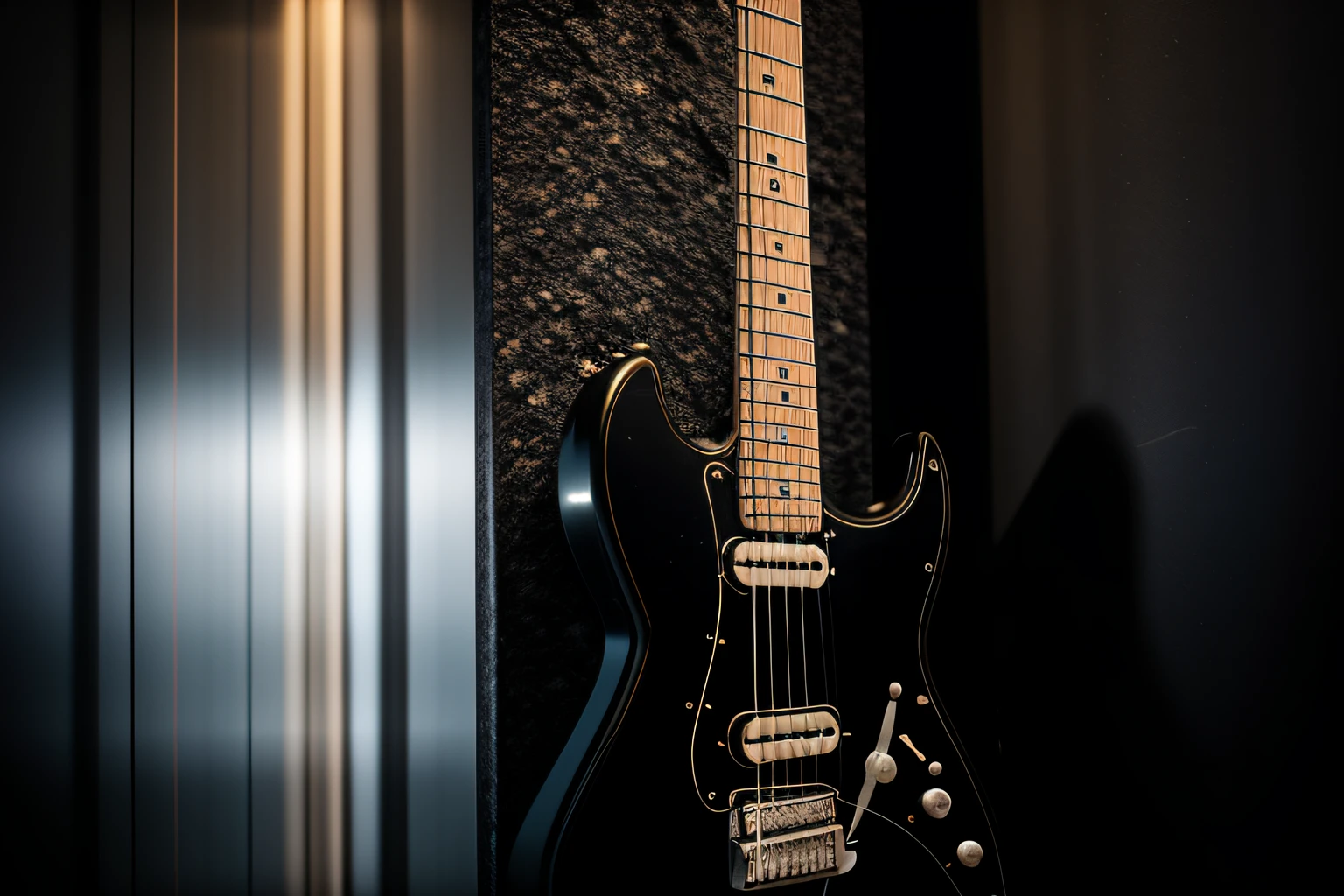 Wet look, watery, Water, Mysterious, dark electronic guitar hanging on a wall, futuristic design, Shining, lens halo, highly-detailing, Cinematic, photo, Photography, superdetailed, Epic, 50 millimeters, Canon