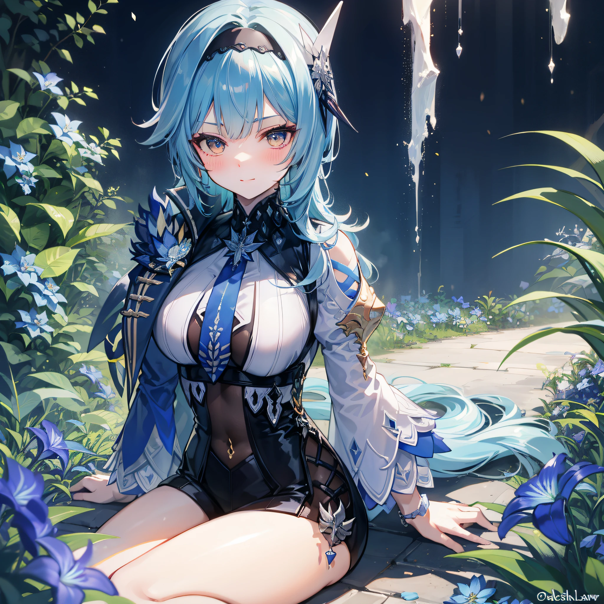 (antecedentes extremamente detalhados) (melhor qualidade), (mais alta qualidade), (obra-prima) , (ultra-detalhado) , Eula Lawrence, peitos enormes, bundas grandes, coxas grandes, Your MILF skin is oily, olhar sedutor, sorriso sedutor, blush, blue skies, cabelo longo, olhos castanhos , sitting in a garden of blue lilies, Blue lilies , olhando para o espectador , solo ,4k , 8k ,