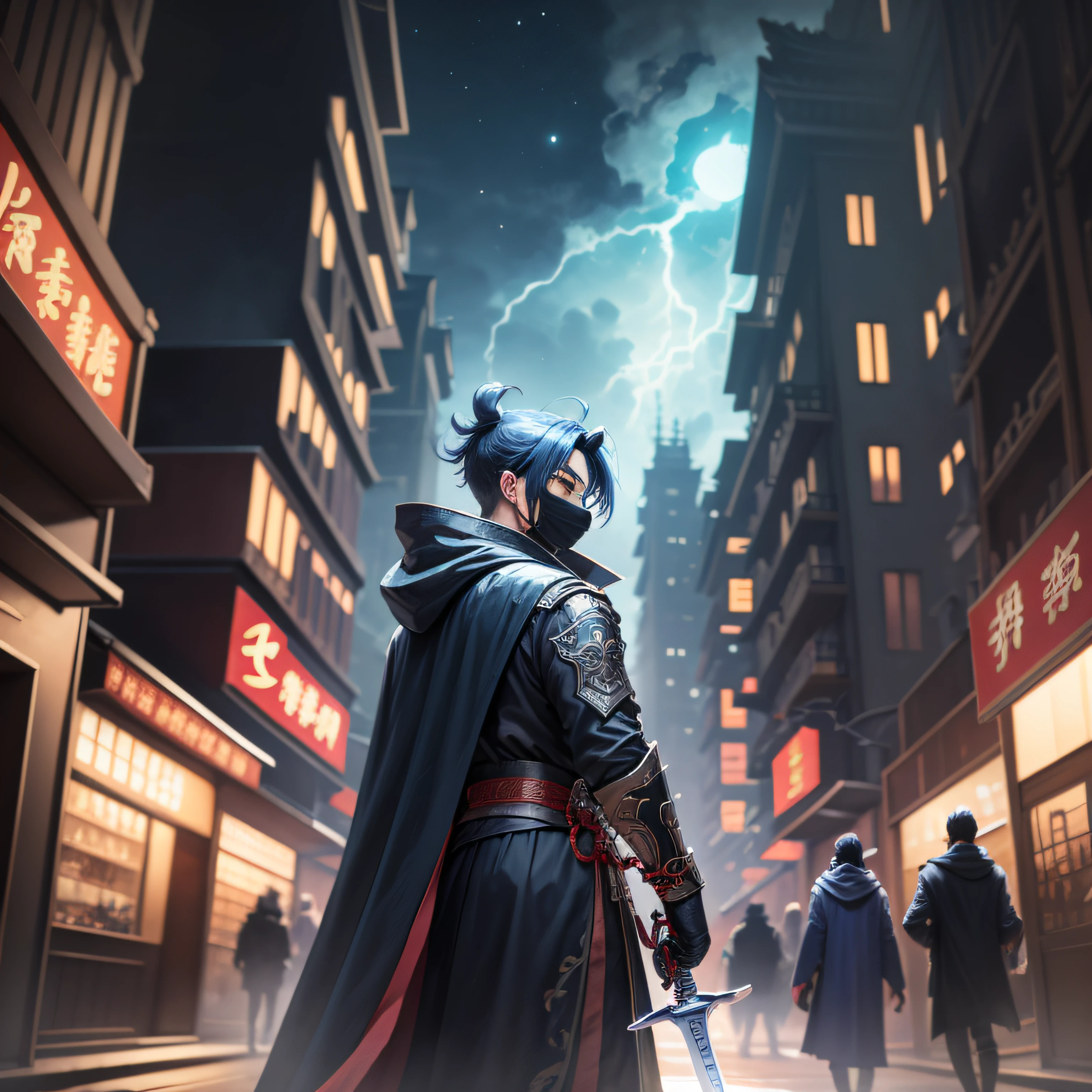 Ancient Chinese architecture,Streets,Night,Many people are fighting in the distance,An anime boy,With a cloak,Wearing a black coat,With a black mask,With a long sword in his hand,Ancient Chinese architecture,Ultra-long viewing angle