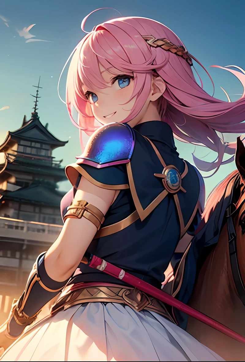Dark Magician Girl、MKSKS style、独奏、(highly detailed back ground:1.0)、(highly detailed back ground:1.0)、A masterpice、最好质量、(babes)、Fractal Art、Blue eyes、Clear eyes、Reddish cheeks、Armor Musha、Japan sword、Upper body body、Looking back、Smiling、(Iridescent hair、Colorful hair、1/2 Blue and 1/2 pink hair:1.3)、A girl is riding a horse、Edo cityscape、Edo Castle、sunsets --auto