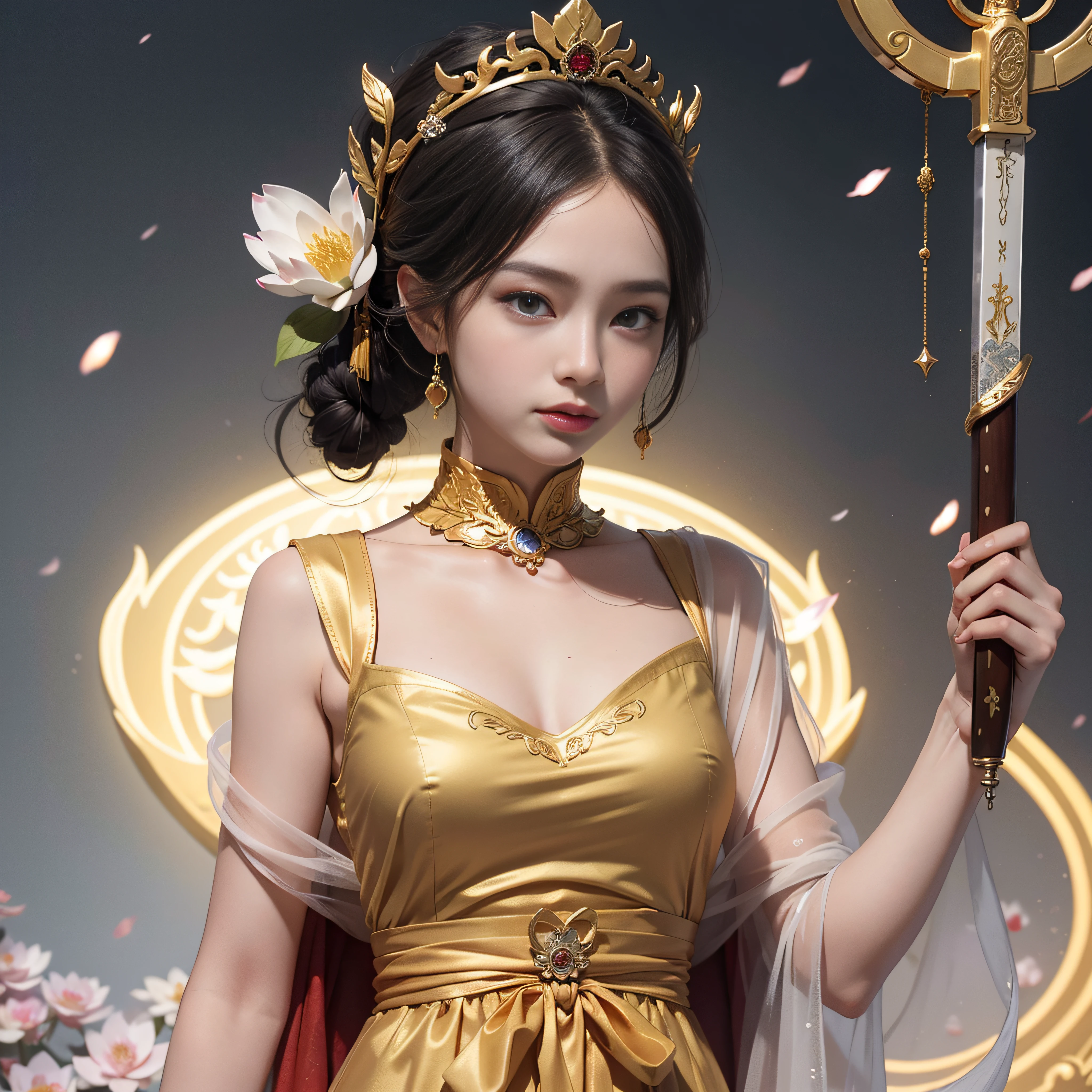 Gyeongbokgung，atlantean，Beautie，Yue Wang Gou Jian sword，martial，Aerocoagulation，Blow flowers，flying snow，Best quality, Master, high resolucion, Wuxia 1girl,Delicate sheer gauze garment，Delicate sheer gauze dress, Super beautiful face, super beautiful eye, Super beautiful hair Super beautiful face，Super beautiful eyes，Super beautiful hair，Cloud sideburns，Best quality, Master, high resolucion, Wuxia 1girl,Delicate sheer gauze garment，Untie wide clothes，Naked，Delicate sheer gauze dress, Super beautiful face, super beautiful eye, Super beautiful hair Super beautiful face，Super beautiful eyes，Super beautiful hair，Cloud sideburns，Golden sky，The floor is covered with gold bricks，Square gold bricks，The floor is as flat as a mirror，A pool of sands paved with sands，There are no walls，Colorful lotus，People in the sky，With five Buddha crowns，Golden sky，Golden Onyx，Golden marble，Golden architecture，A lotus flower as big as a wheel，Yellow，Red，Violet light，White light，blueglow，Golden canopy，A rain of petals fell from the sky，