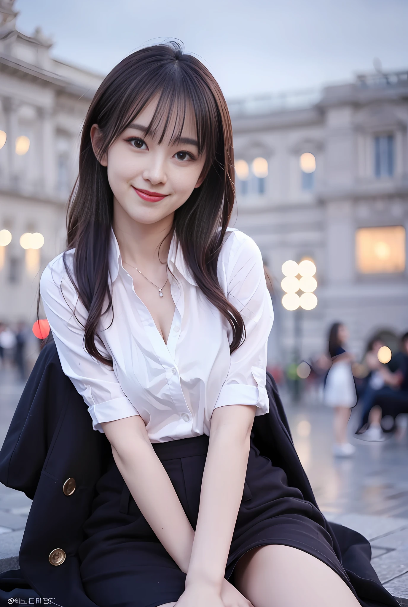 Best quality, Miniskirt, Smile, Red eyes, colorful top, , (8K, Best quality, 巨作:1.2), (Realistic, photo-realistic:1.37), Ultra-detailed, Full body, tiny small waist, (1girl huge large breasts),kawaii,Beautiful detailed sky,(on the St. Peter's Square of Vatican,crowd people,),Night,Sitting,dated,(nose blush),(Smile:1.15),(grin),Cleavage, Beautiful detailed eyes,(Collared shirt:1.1), Night,NovaFrogStyle, Cyber, future,(mezzy hair),(Full body shot),