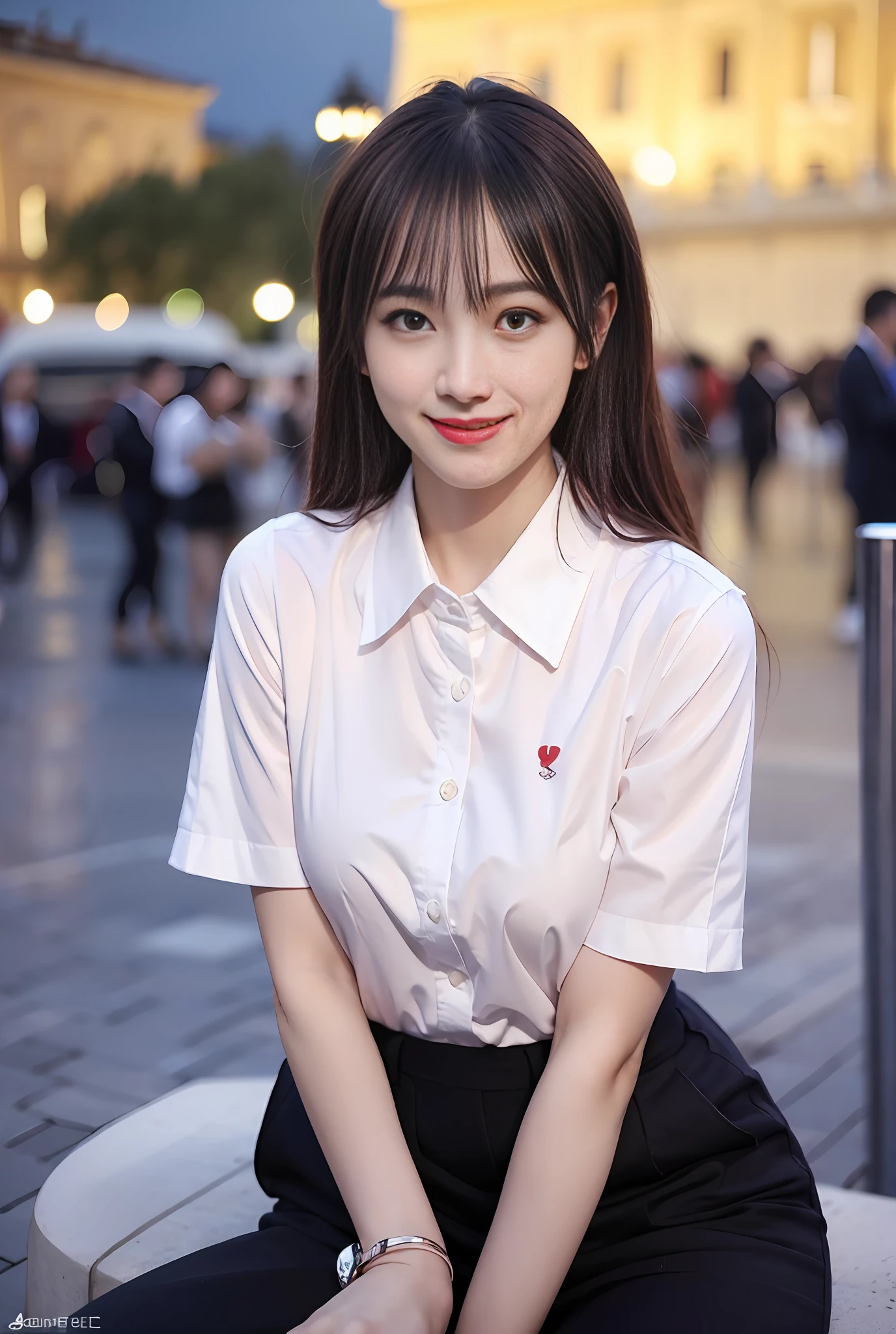 Best quality, Miniskirt, Smile, Red eyes, colorful top, , (8K, Best quality, 巨作:1.2), (Realistic, photo-realistic:1.37), Ultra-detailed, Full body, tiny small waist, (1girl huge large breasts),kawaii,Beautiful detailed sky,(on the St. Peter's Square of Vatican,crowd people,),Night,Sitting,dated,(nose blush),(Smile:1.15),(grin),Cleavage, Beautiful detailed eyes,(Collared shirt:1.1), Night,NovaFrogStyle, Cyber, future,(mezzy hair),(Full body shot),