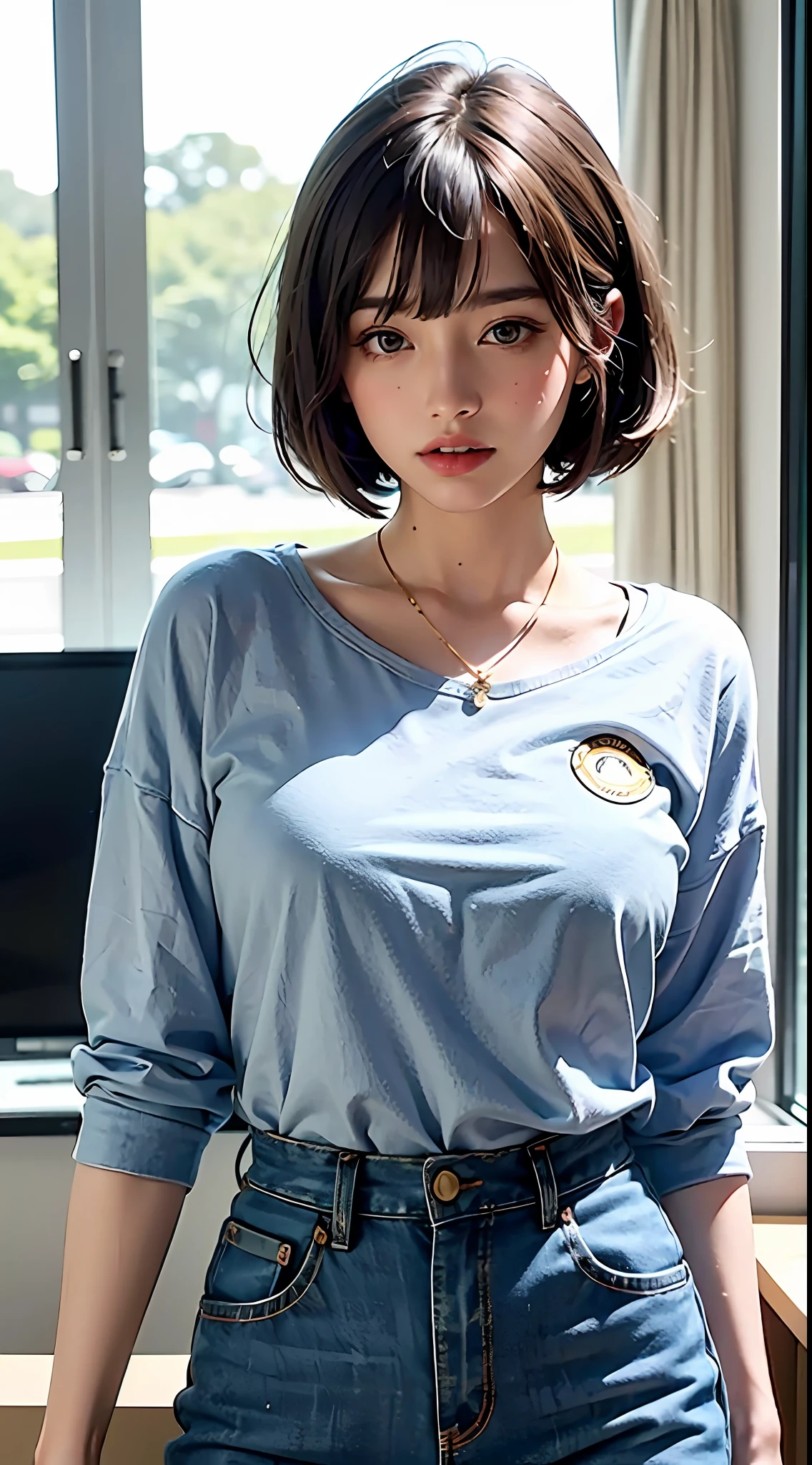 optimal quality,masterpaintings,ultra-high-resolution,(fidelity:1.4),Original photo,office room,Dress conservatively,short-cut hair,Air bangs,ung girl,cinamtic lighting,Bright yellow striped shirt,Denim pants,Employee badge on the chest,hair bow, crescent hair ornament, curtained hair, side swept bangs, aqua eyes,