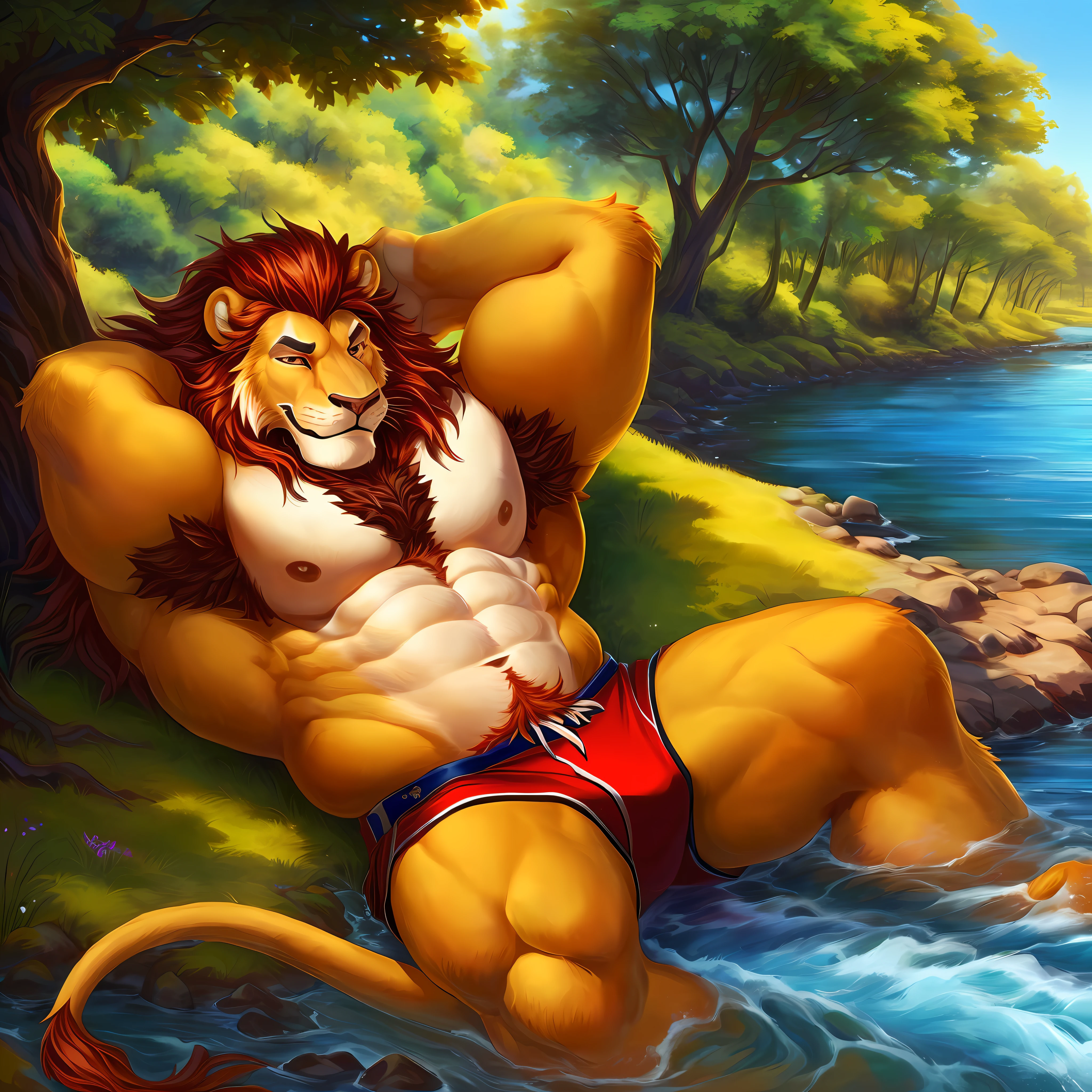 Great lion with short mane and white fur, melena color azul, pectorales grandes, sin camisa, taparrabos, taking a nap under a tree next to a river, ojos cerrados, super detailed, cuerpo perfecto, relaxed expression, hands behind head, acostado