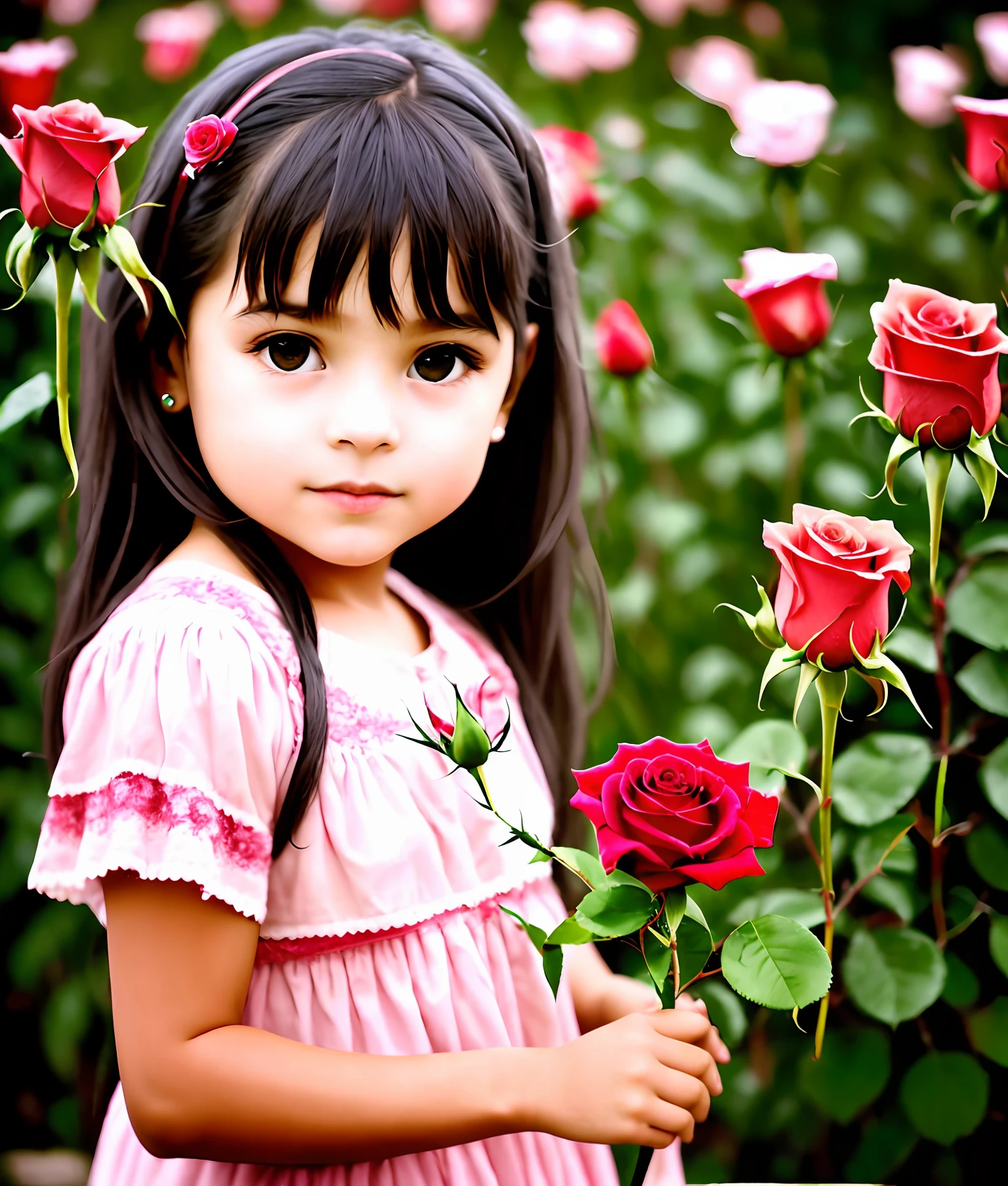 A 8 years olded bright with a rose in hand beautiful angelic face. Hiperealismo.