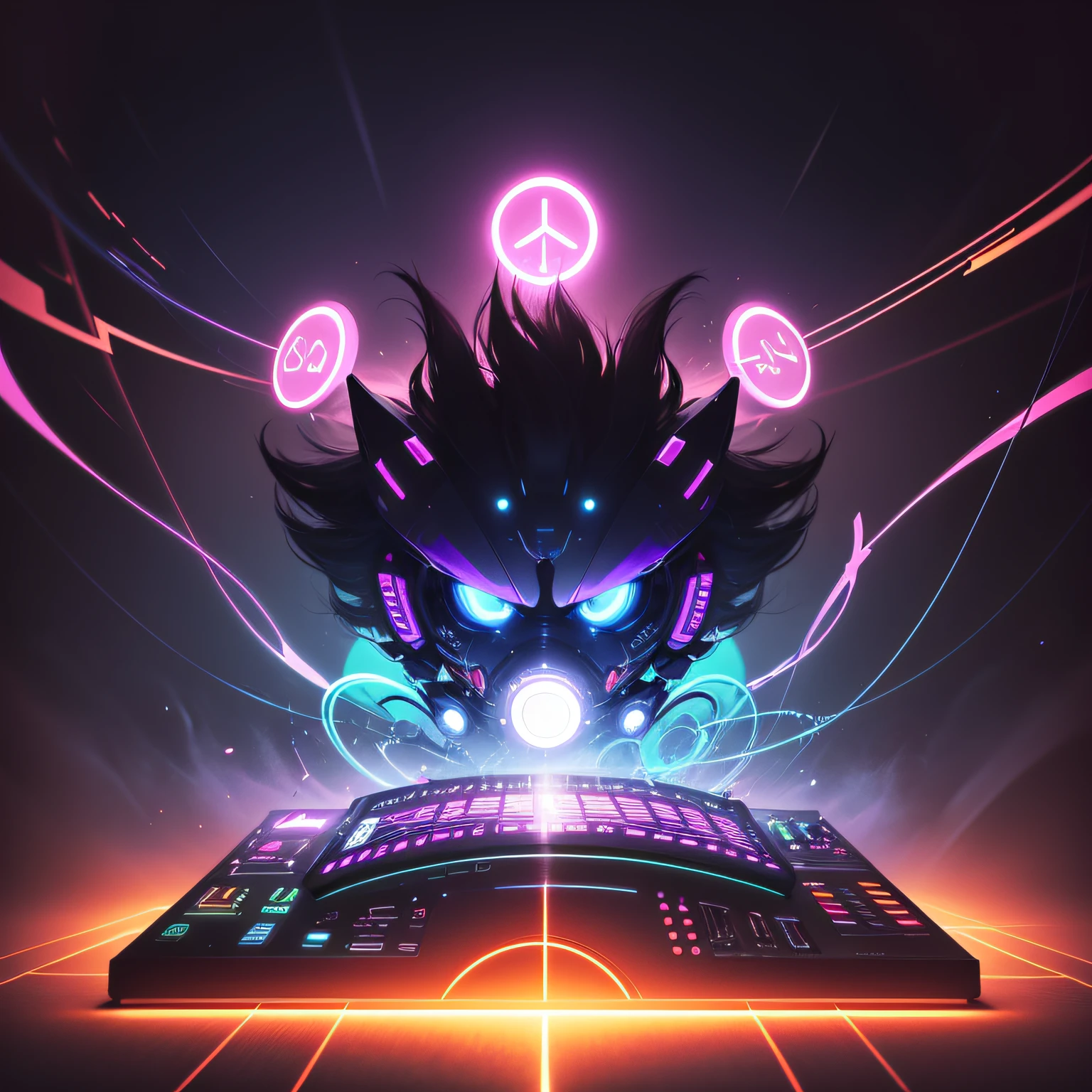 The cover features a dark, futuristic background, with shades of blue and purple blending together in a mesmerizing pattern. In the center is an abstract symbol that represents the pulsating energy of electronic music, with dynamic lines and interconnected geometric shapes. Around the symbol, stylized neon letters glow brightly, forming the name of the artist or musical project. At the bottom of the cover, small icons represent the different music genres present on the album, such as house, trance and techno, adding an interesting visual touch. The album title, “Sonic Immersion: An Electrifying Journey”, is displayed in bold and luminous lettering at the top of the cover, highlighting the intensity and immersive experience of electronic music. --auto