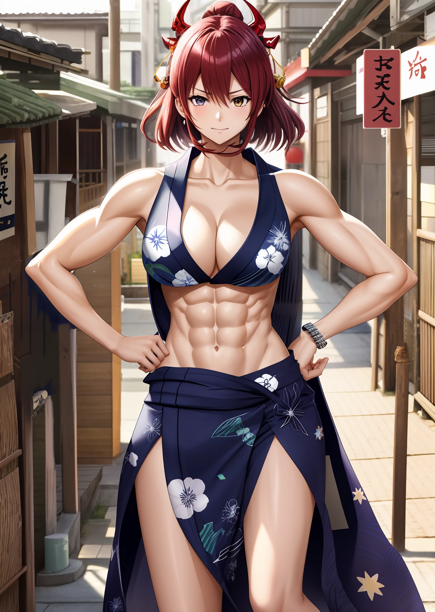 anime girl in a bikini posing for a picture in a street, muscular!!, muscular girl, muscular!, seductive anime girls, Makoto, makoto shinka, Yayoi Kasuma, badass anime 8 K, biomechanical oppai, asuka suit under clothes!, muscular!!!, musculine, oppai proportions, makoto kano, shinkai makoto