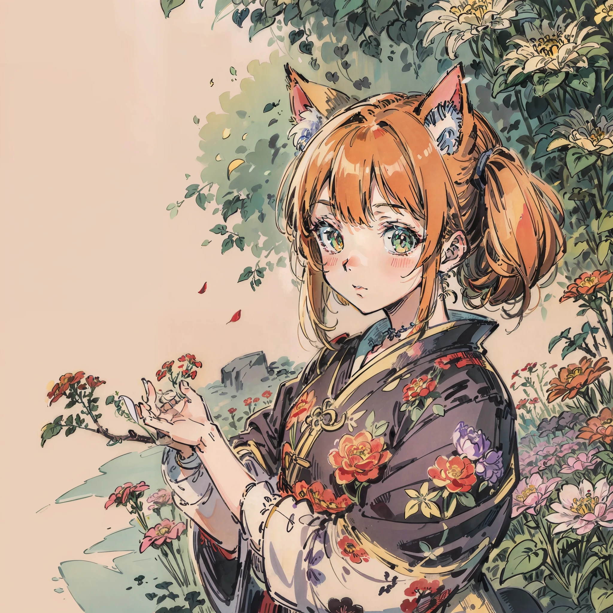 Anime Pictures。Delicate lines。Bright and refreshing shades。Cute cat-eared girl about 18 years old。Deformed illustration。Design composition with the image of colorful flowers。Hedge of flowers in the background。Extremely high quality、high picture quality、A masterpice、Best-aesthetic