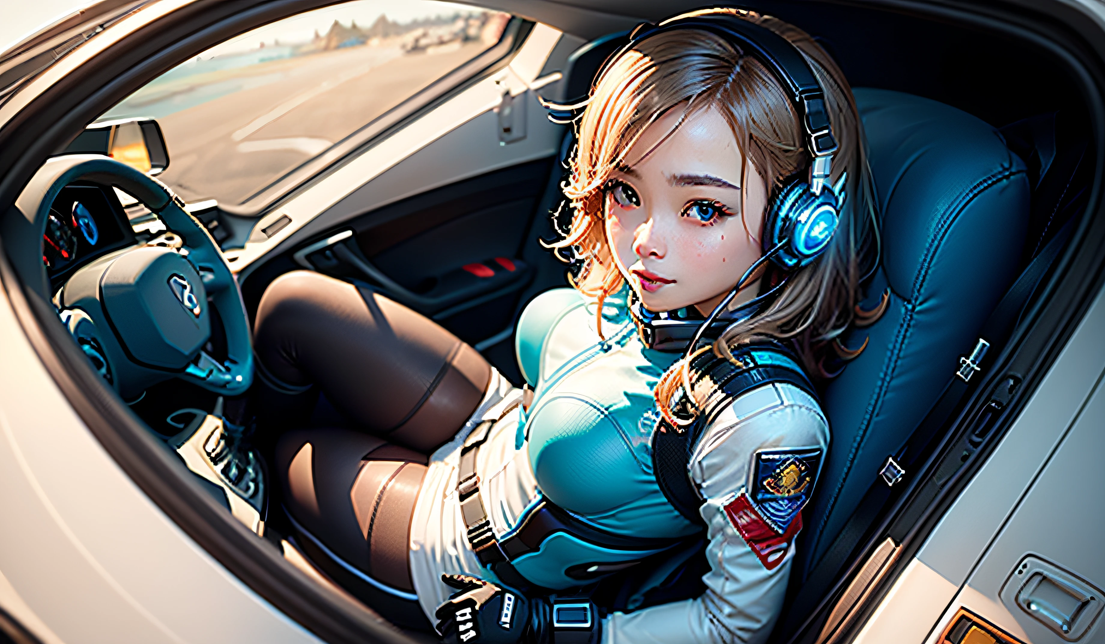 (A masterpice、最好质量、Top resolution、Distinct_image、Detailed details、portlate。Angle from above): (独奏、Lone Girl、Japan Faces、short-cut、Brown-haired girl、Whole human body、(the perfect body:1.4)、cuteness、a Pretty、Glittering blue colored eyes、Pilot suit in white and blue colors、Tight Fit Clothing、Clothing that covers the whole body、extreamly delicate and beautiful、detailed skins、Slim body、exoskeleton、lightl smile、heroine、headset on head、long boots、Facing the front、staring the viewer、Kindness、gloves)、(Inside the spacecraft、Communications Equipment、controller、cockpit