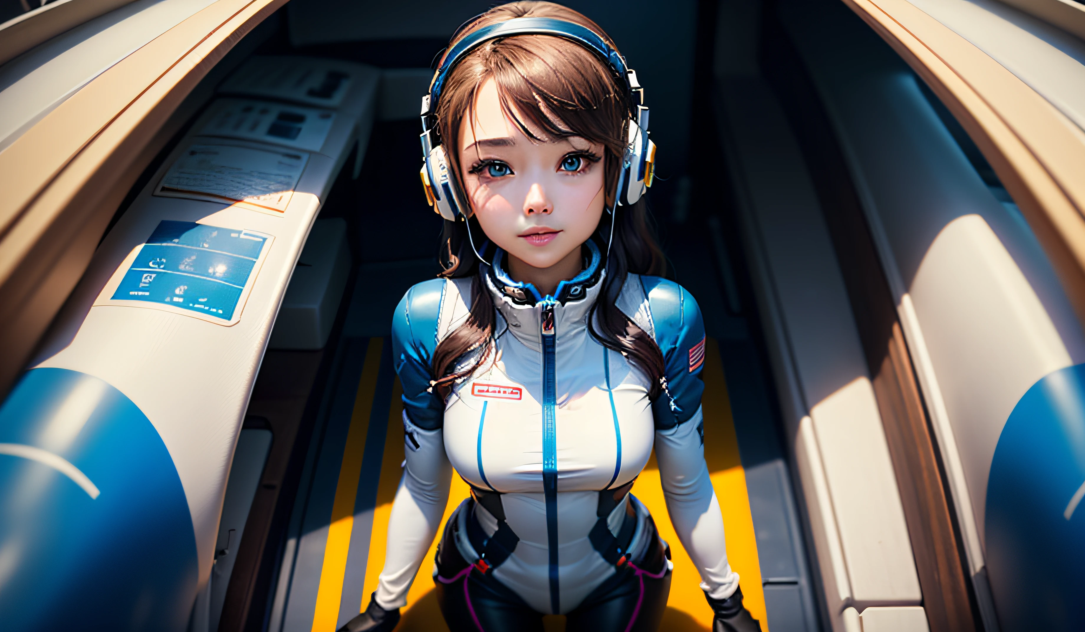 (A masterpice、最好质量、Top resolution、Distinct_image、Detailed details、portlate。Angle from above): (独奏、Lone Girl、Japan Faces、short-cut、Brown-haired girl、Whole human body、(the perfect body:1.4)、cuteness、a Pretty、Glittering blue colored eyes、Pilot suit in white and blue colors、Tight Fit Clothing、Clothing that covers the whole body、extreamly delicate and beautiful、detailed skins、Slim body、exoskeleton、lightl smile、heroine、headset on head、long boots、Facing the front、staring the viewer、Kindness、gloves)、(Inside the spacecraft、Communications Equipment、controller、cockpit