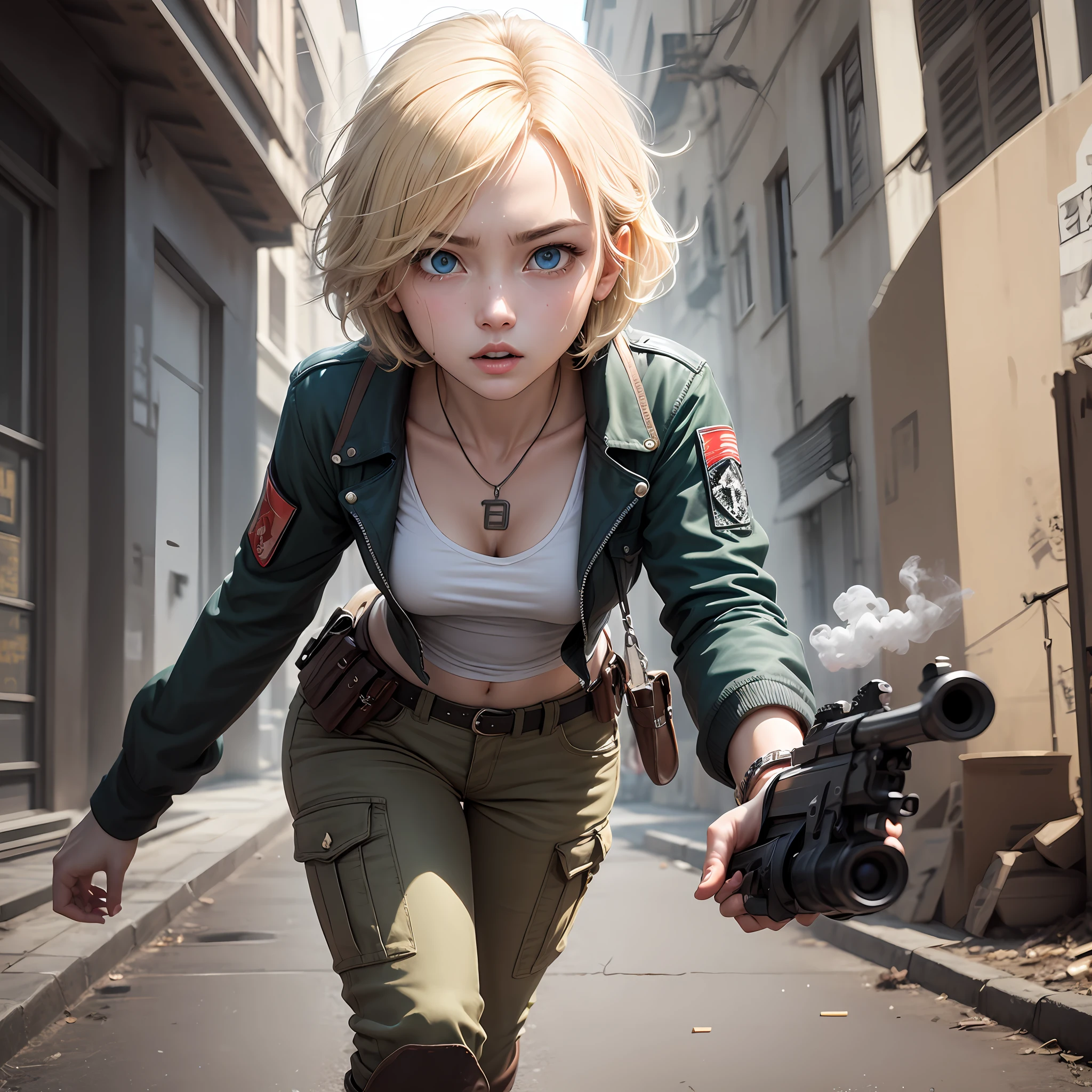 独奏、アニメ、Beautiful colors、a blond、short-hair、babes、独奏, ((very detailed eyes and faces)))),dynamism、cigarettes、Smoking、revolvers、Handgun、A devastated world、long boots、ripped clothing、Camisa blanca、Cargo pants、Resident evil、A bracelet、impurity、blemishes、Cool、ren、Whole human body、In battle、The tattoo、odd eye、dynamism、movement、Minitary、tank、rifle、sniper rifle、assault rifle、Handgun、cartridge