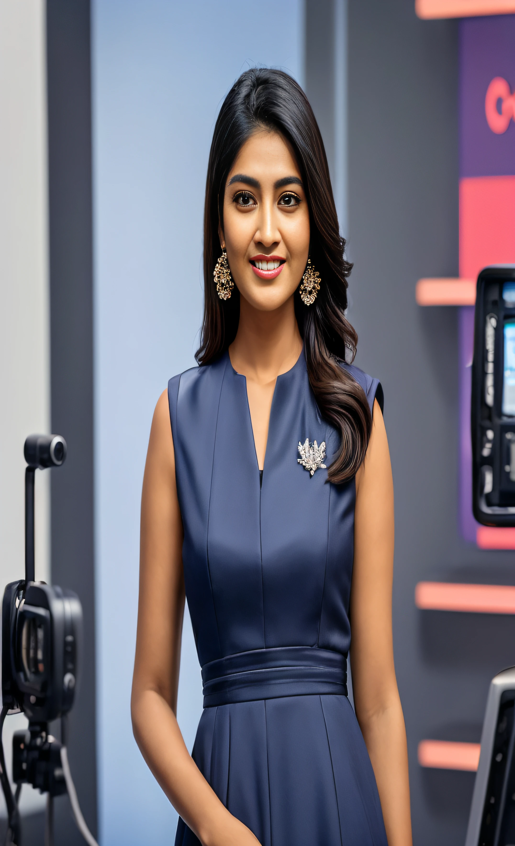 arafed woman in a blue dress standing in front of a camera, shot on canon eos r5, shot on canon eos r 5, shot on sony a 7 iii, journalist photo, jayison devadas, shot on nikon z9, studio shot, captured on canon eos r 6, shot with sony alpha 1 camera, closeup portrait shot