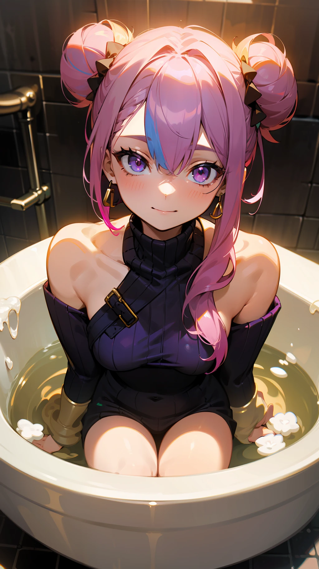 naked,, bath, bathroom, washes, soap, foam, ((masterpiece)), (((best quality))), (illustration | cinematic lighting), intricate, 8k, HD, FXAA, (absurdres), ((detailed illustration)), (very detailed), highres, (HDR), (volumetric lighting:1.2), (chromatic aberration:1.28), (overexposed:1.1), (focus on eyes:1.3), pink eyes, solo, masterpiece, best quality, 1girl, black turtleneck, gold earrings, double bun, two-tone hair, multicolored hair, pink hair, (([pink hair | ((dark purple hair))])), emote face smile, off shoulder, small breasts, ((asymmetrical sidelocks))