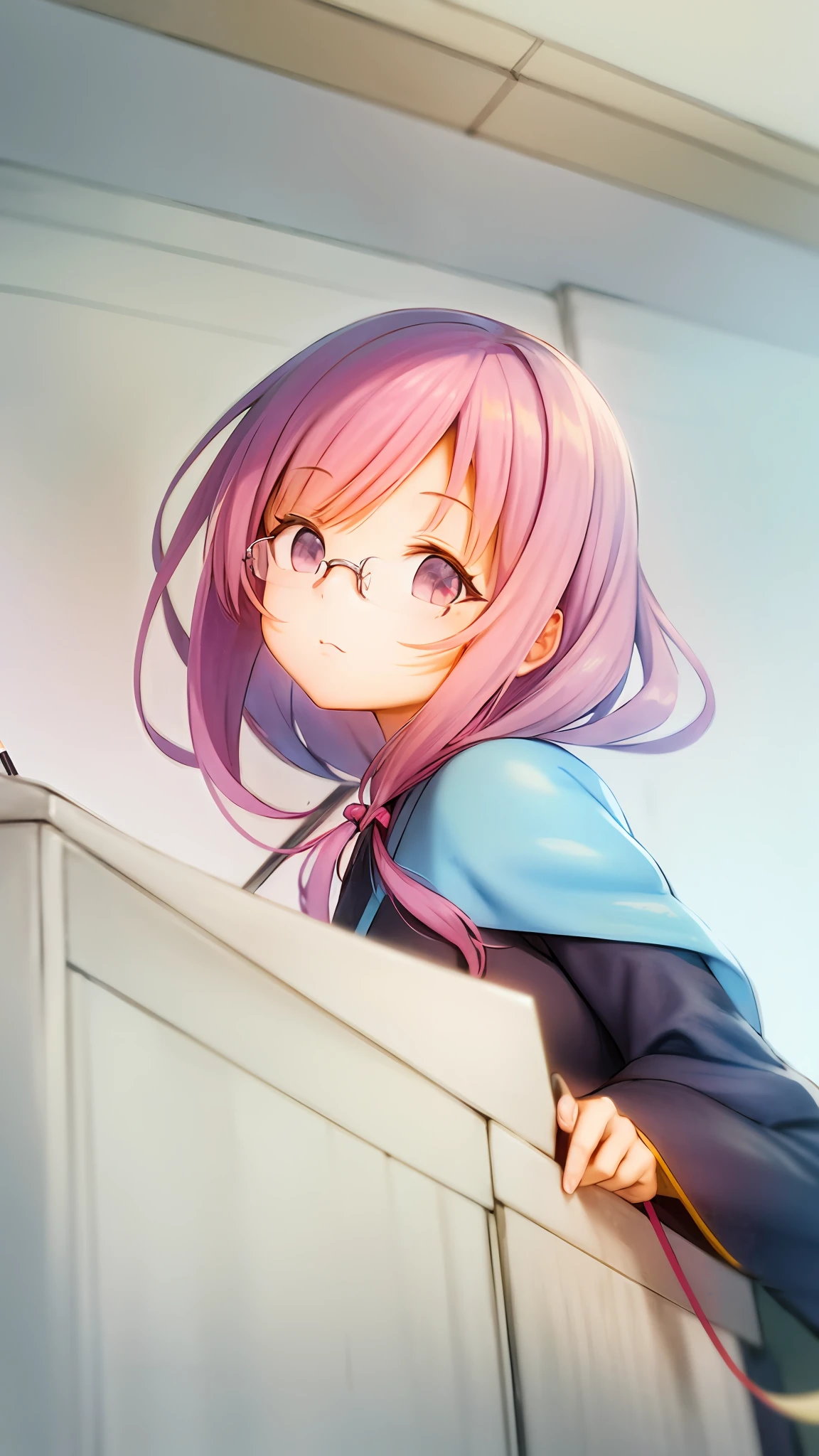 anime girl with pink hair and glasses holding a pen, anime style portrait, full color drawing, portrait of an anime girl, colored sketch anime manga panel, saori, high quality colorful sketch, an anime drawing, portrait of an anime girl, anime character portrait, hints of yayoi kasuma, Realistic anime art style, japanese anime artist drawn,short-cut hair