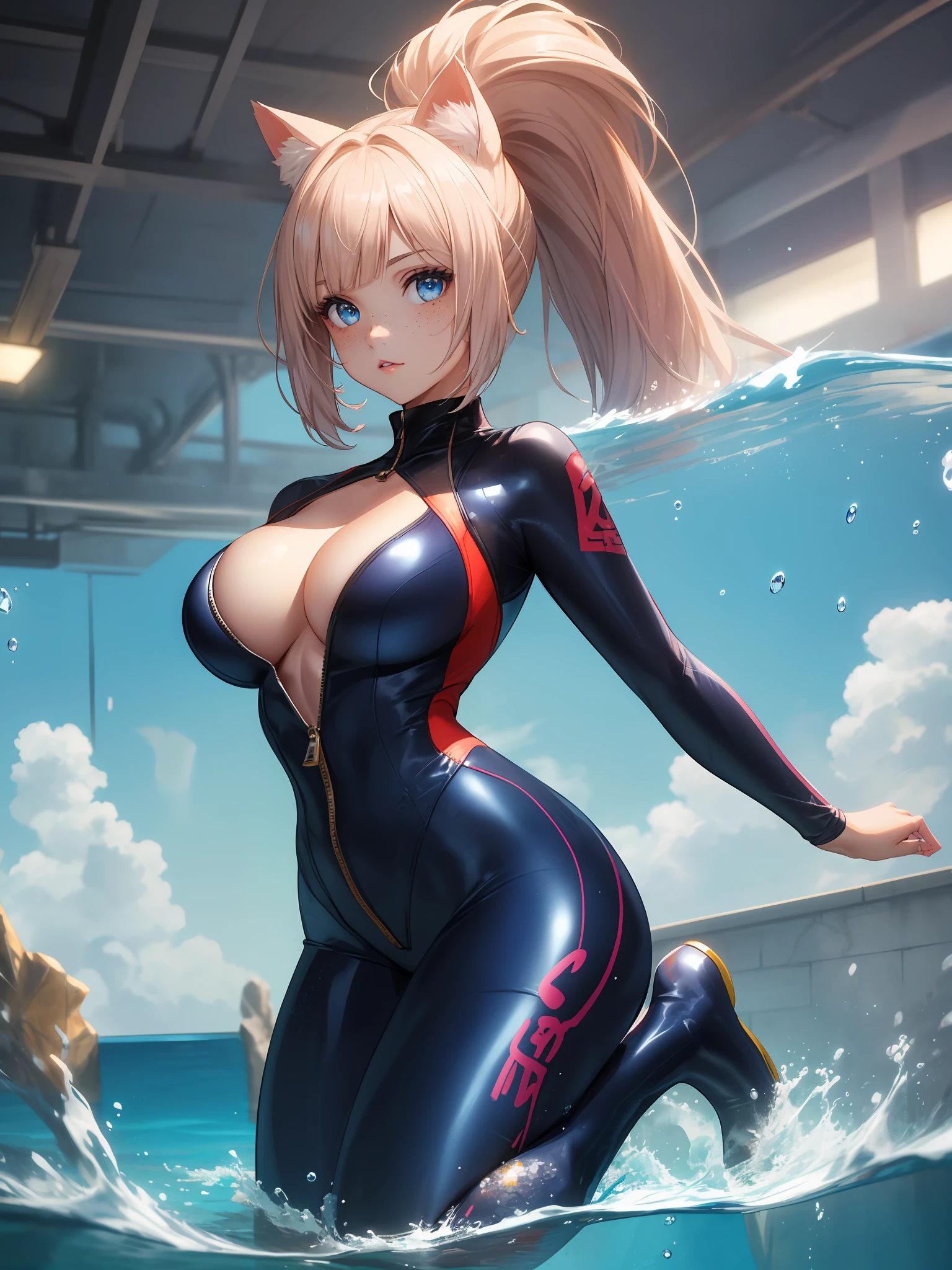 ((fantasy style:1.4)),(anime,8k,masterpiece, top quality, best quality,beautiful and aesthetic:1.2,professional illustrasion:1.1,ultra detail:1.3,perfect lighting),extremely detailed,highest detailed, absurdres , highres, ultra detailed,intricate:1.6,A girl swimming in the crystal clear sea,colorful:1.4,full body,(girl),(Three kingdoms female warload),(highly detailed beautiful face and eyes,firm breasts),oily skin,((white ,hair,chin-length bob with short pony tail hair)),cute,lovely,swim suit,body suit,Full body rubber suit, cat ears, blue eyes, freckles. big lips, unzipped,