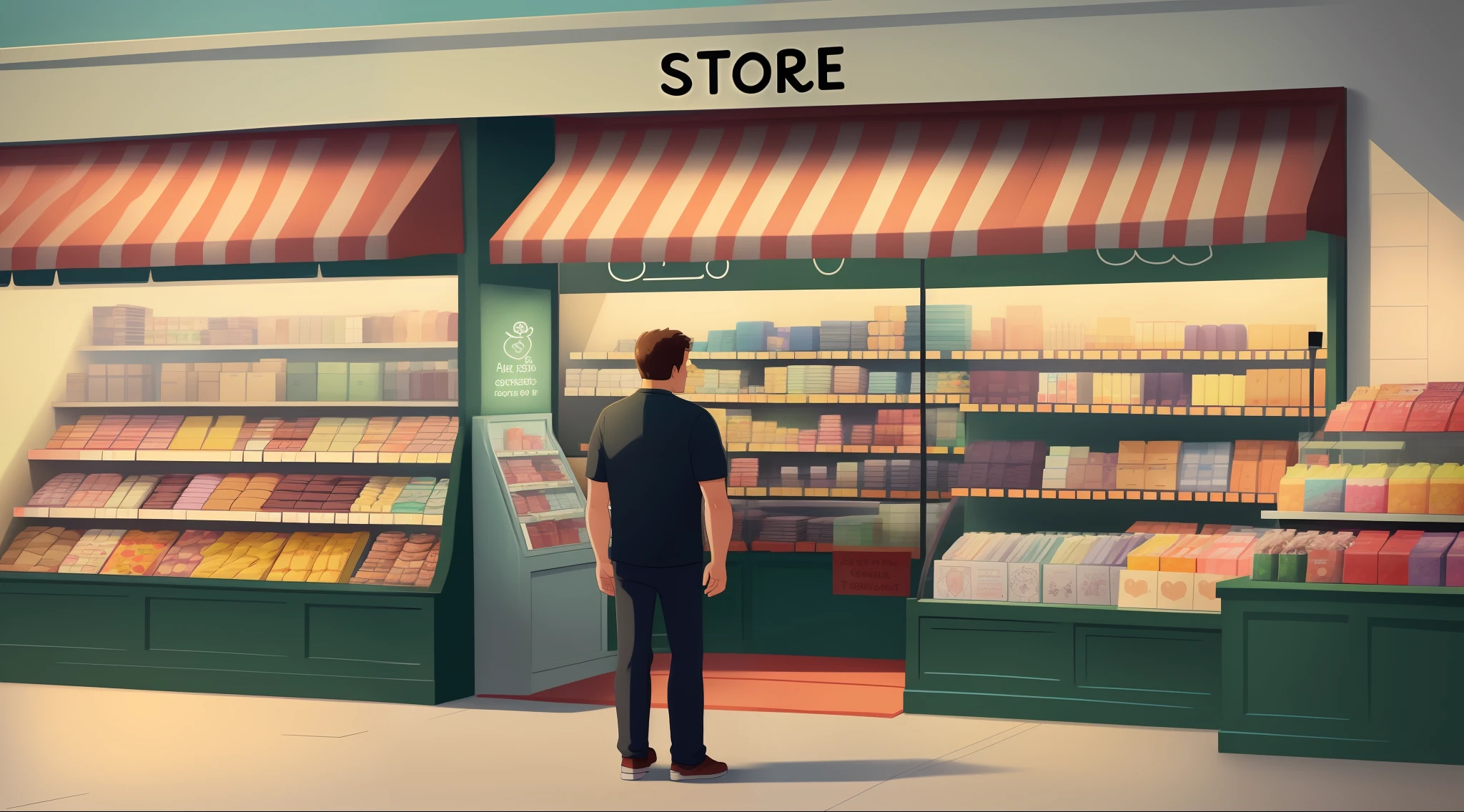 A store with store owner in cartoon