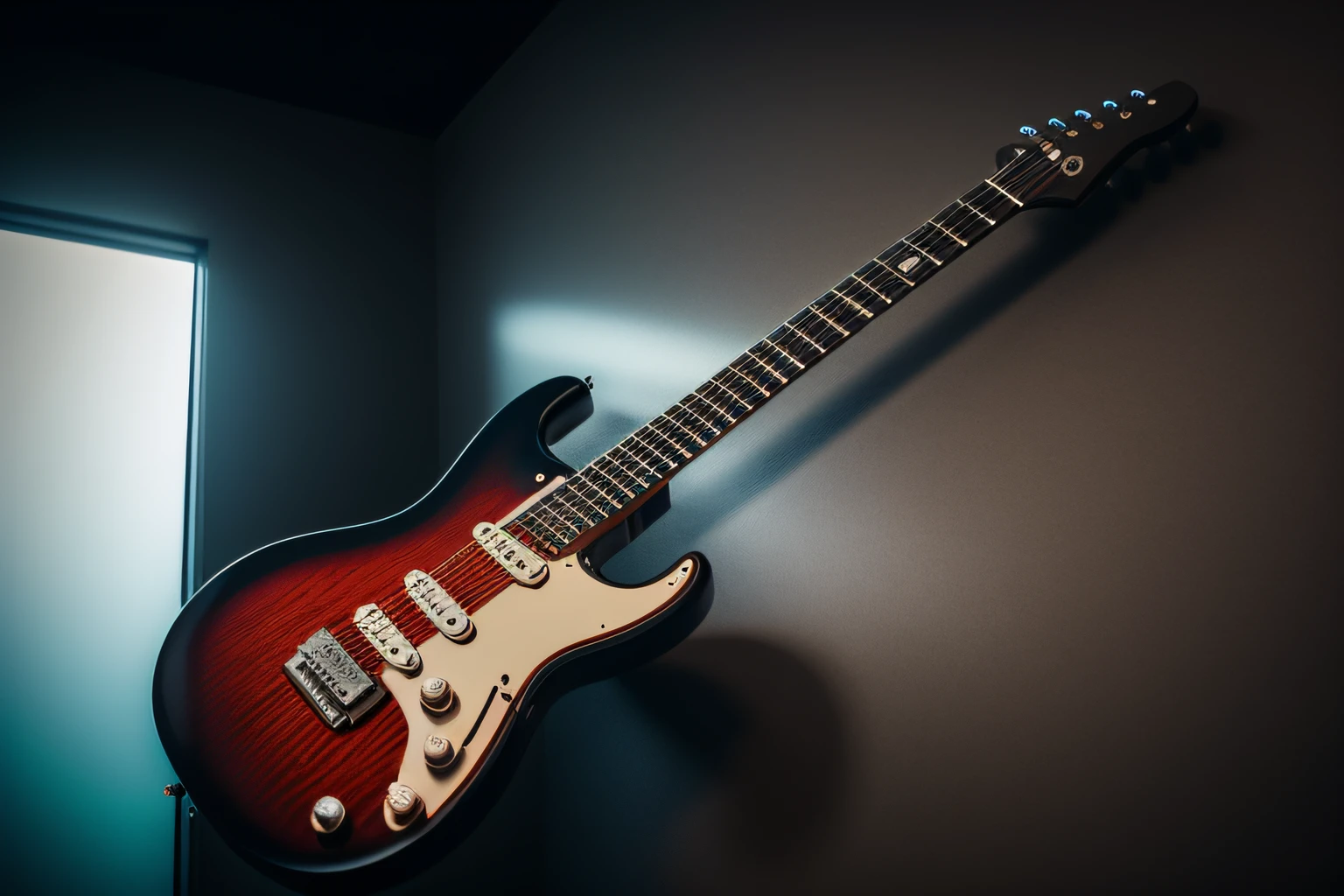 Wet look, watery, Water, Mysterious, dark electronic guitar hanging on a wall, futuristic design, Shining, lens halo, highly-detailing, Cinematic, photo, Photography, superdetailed, Epic, 50 millimeters, Canon