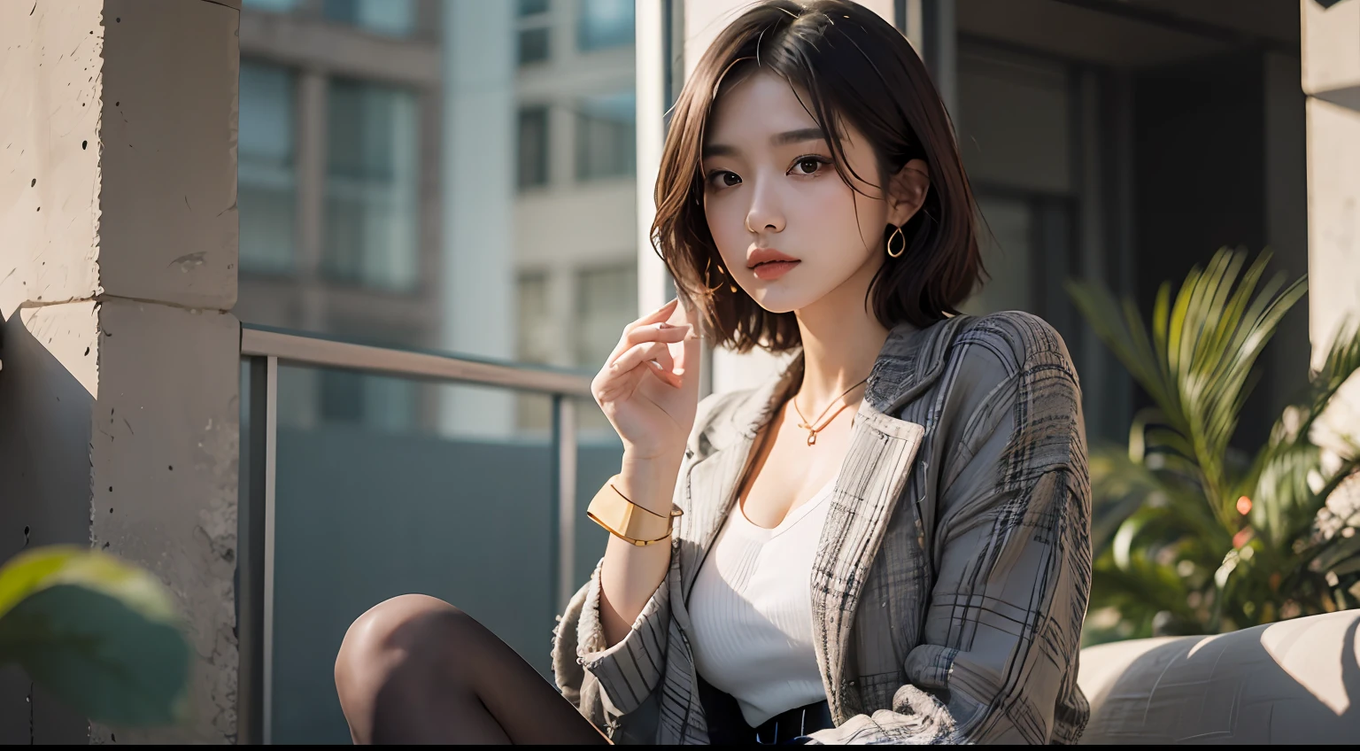 mix4, Detail Eyes, (Best quality details:1.2), Realistic, 8K HD, (1girl:1.2), Super Detail, High Quality Texture, Fine Details, Fine Detail, High Detail, Extreme Detail CG, High Quality Shadow, Fine Beautiful Face, Fine Beautiful Eyes, Depth of Field, Ray Tracing, (A beautiful 25-year-old sexy Korean woman: 1.1), medium breasts, tall female, beautiful legs, glowing eyes, blush, perfect body, skinny, (black sweater: 1.4), (slit gray coat: 1), (plaid tight skirt: 1.2), (stockings_suspenders: 1.4), (short hair: 1.1), street photography, sunlight, kneeling sofa, earrings, necklace, model, looking at the audience from the side, dynamic pose, moles under the eyes,
