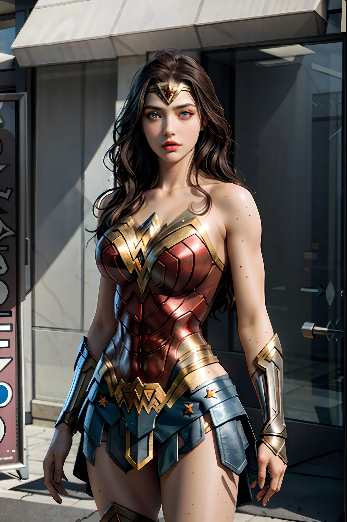 masterpiece, best quality, realistic, photograph, photorealism, hyper-detailed, perfect body, detailed eyes, beautiful girl, wonder woman, cosplay, y