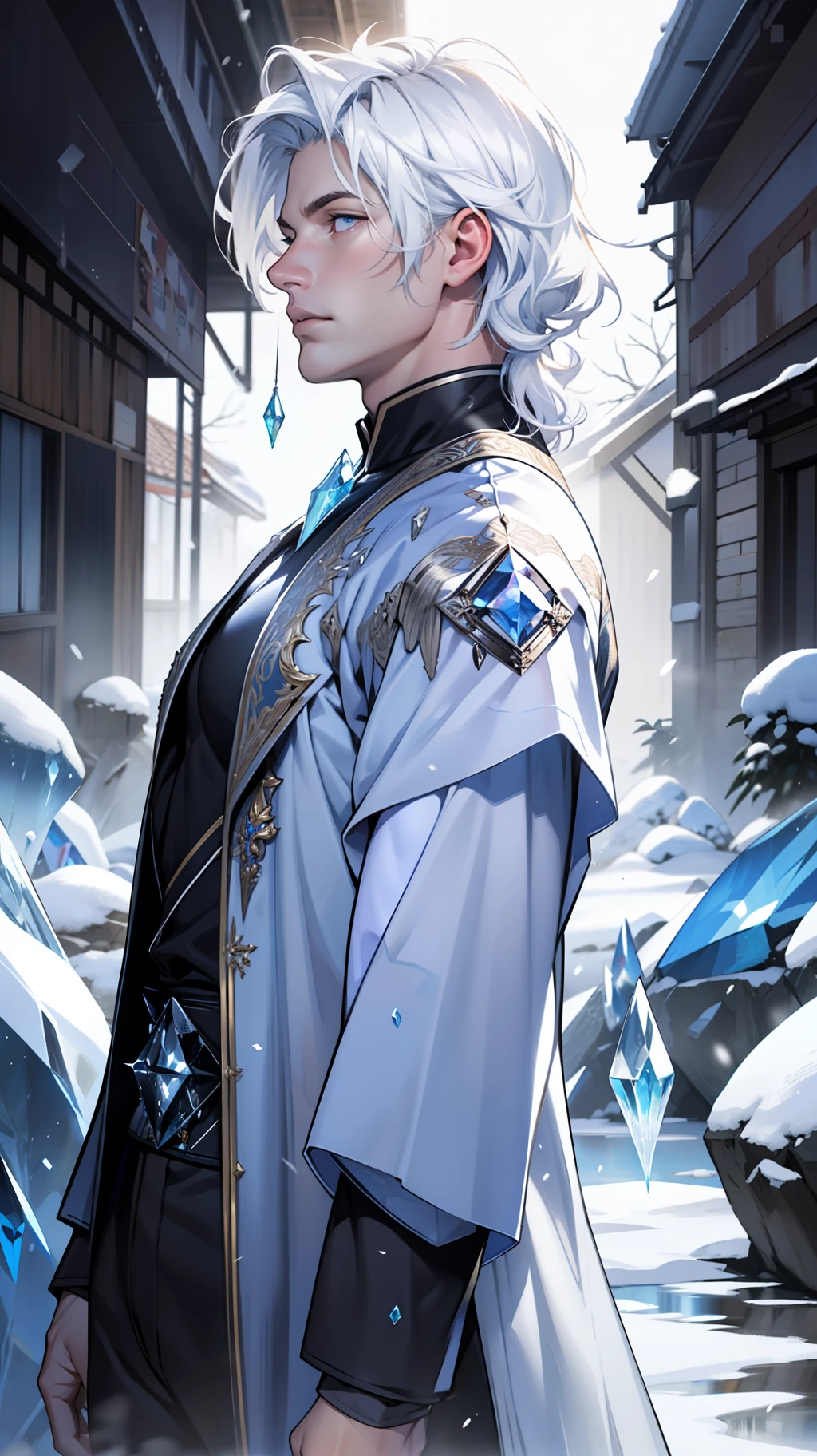 1boys，Young men，Male，superdetailed，Wallpapers，Hi-Def，optimal quality，（Ice and snow），Photorealistic photorealism，light particules，volumettic light，Photorealistic rendering，crystal shards，Ice and snow，Hair made of crystals，Land of gems，Transparent hair，White tulle，Gauze clothes，Flowing clothes