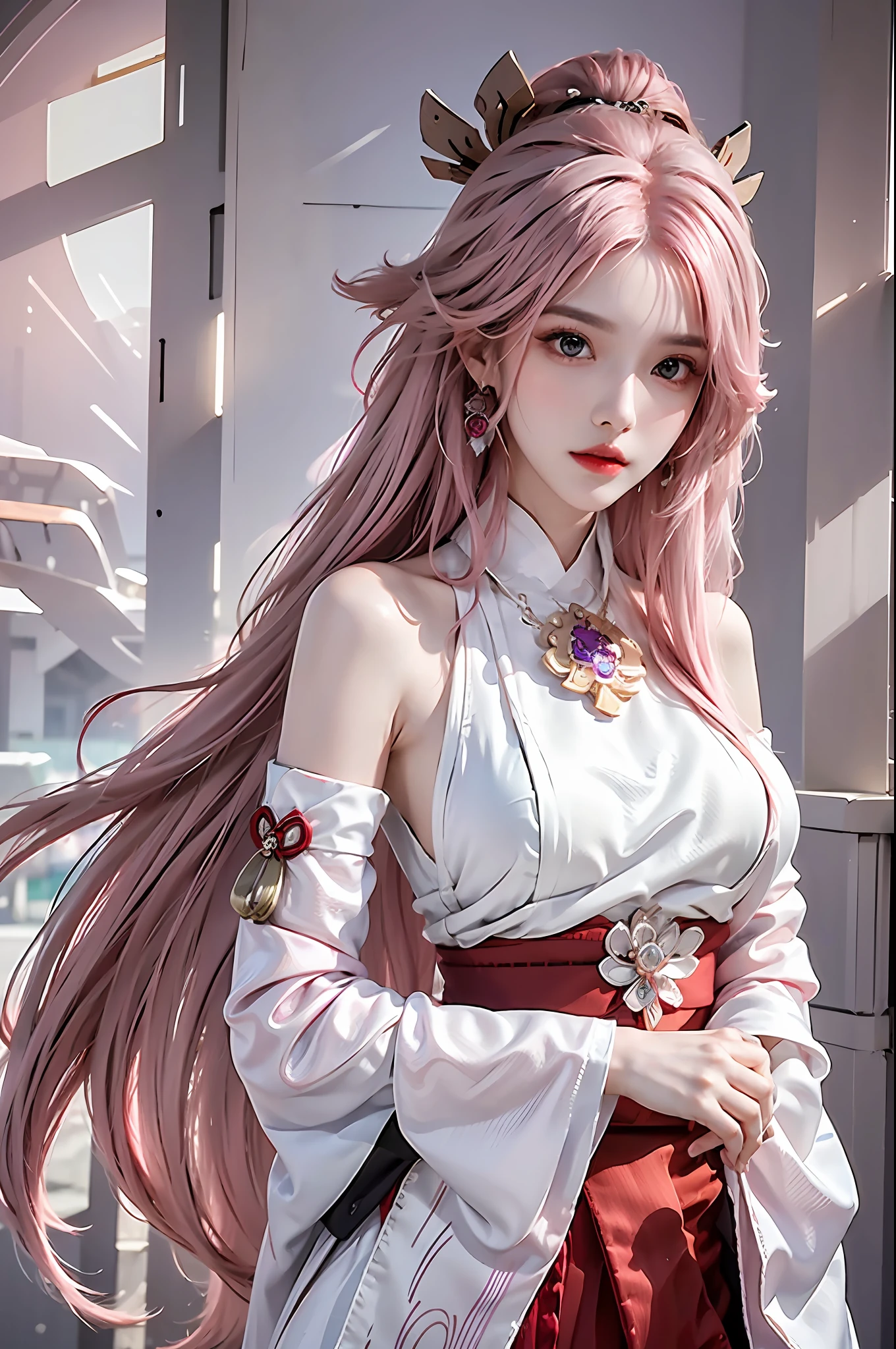 photorealistic, high resolution, 1 girl, white hair, hips up, yae miko, detached sleeves, bare shoulders, pink hair, long hair, best quality, (hair ornament:1.35), jewelry, purple eyes, earrings,