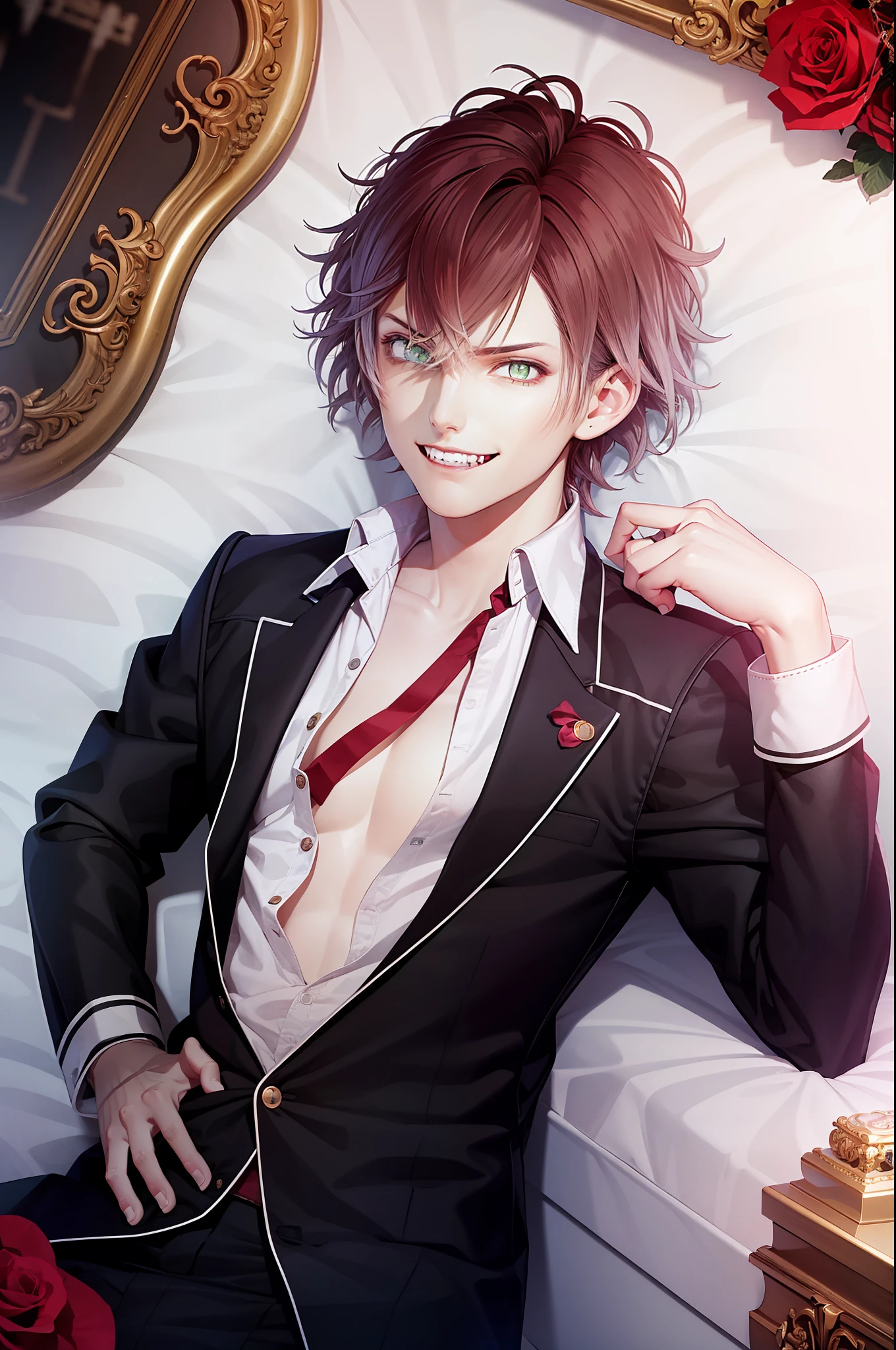 ((lying)), coffin, perfect eyes:1.2, detailed eyes:1.4, (masterpiece, best quality:1.2), vampire teeth, in water, flowers, male focus, 1boy, sakamaki ayato, grin, looking at viewer, hand on hip, red hair, open clothes, jacket, shirt, red necktie, black pants