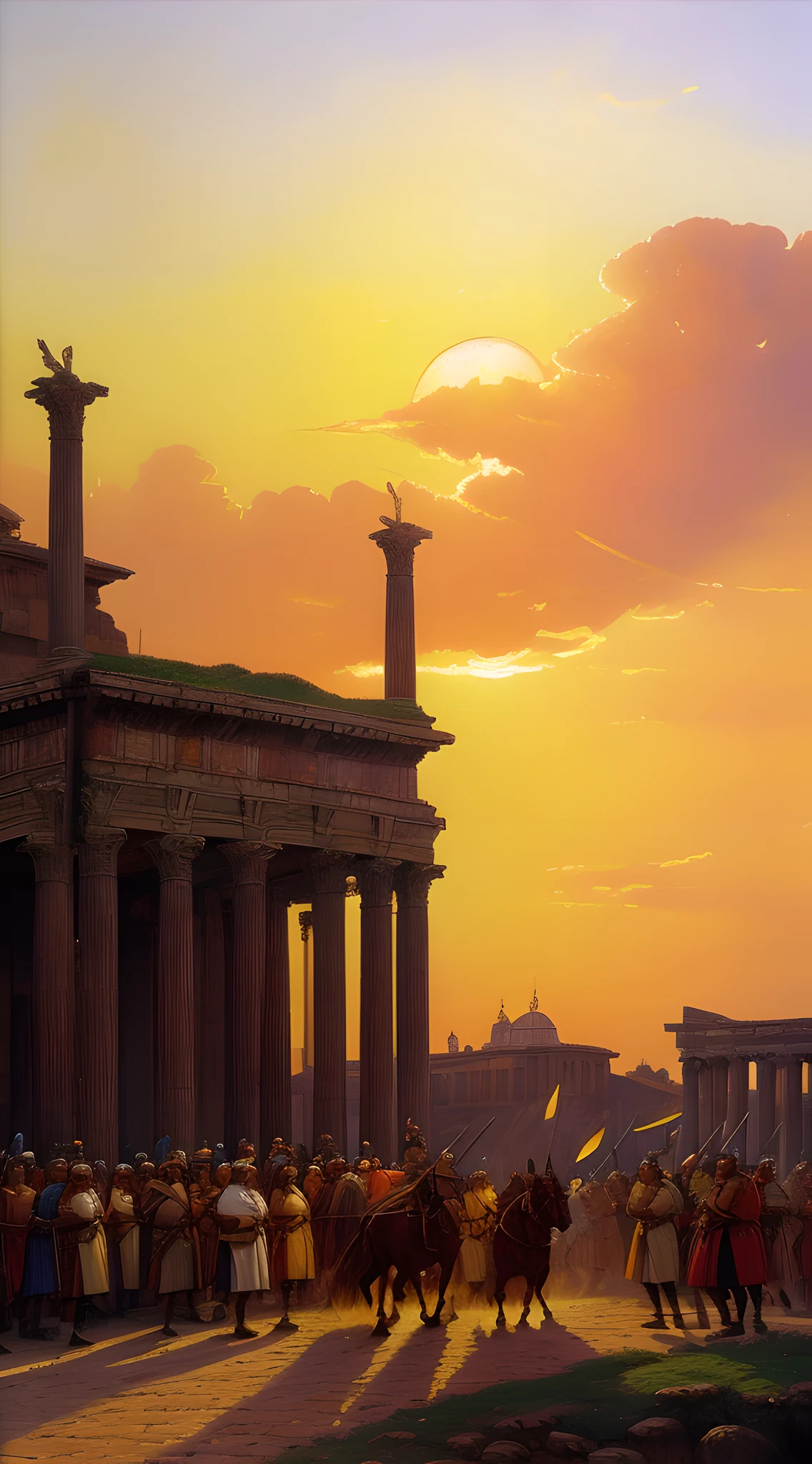 (masterpiece, 8K, UHD, oil painting, realistic style by Greg Rutkowski:1.4), ancient Rome under siege, (dramatic battle scene:1.2), Roman soldiers, (full battle gear:1.1), Germanic tribes and barbarians, (wild, untamed hair:1.2), battle cries, fire-lit, smoky battlefield, structures ablaze, towering marble pillars, 5th-century architecture, late sunset, (vibrant colors of setting sun:1.3), intense emotion, dynamic angle, looking at viewer.