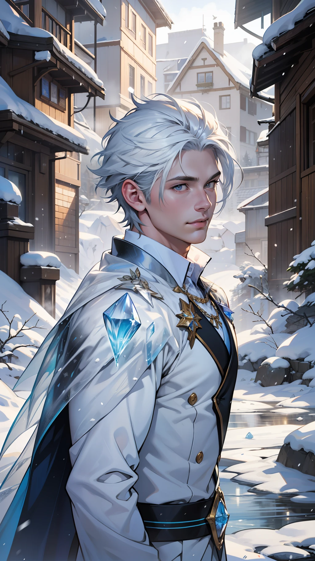 1boys,Young men,Male,superdetailed,Wallpapers,Hi-Def,optimal quality,(Ice and snow),Photorealistic photorealism,light particules,volumettic light,Photorealistic rendering,crystal shards,Ice and snow,Hair made of crystals,Land of gems,Transparent hair,White tulle,Gauze clothes,Flowing clothes