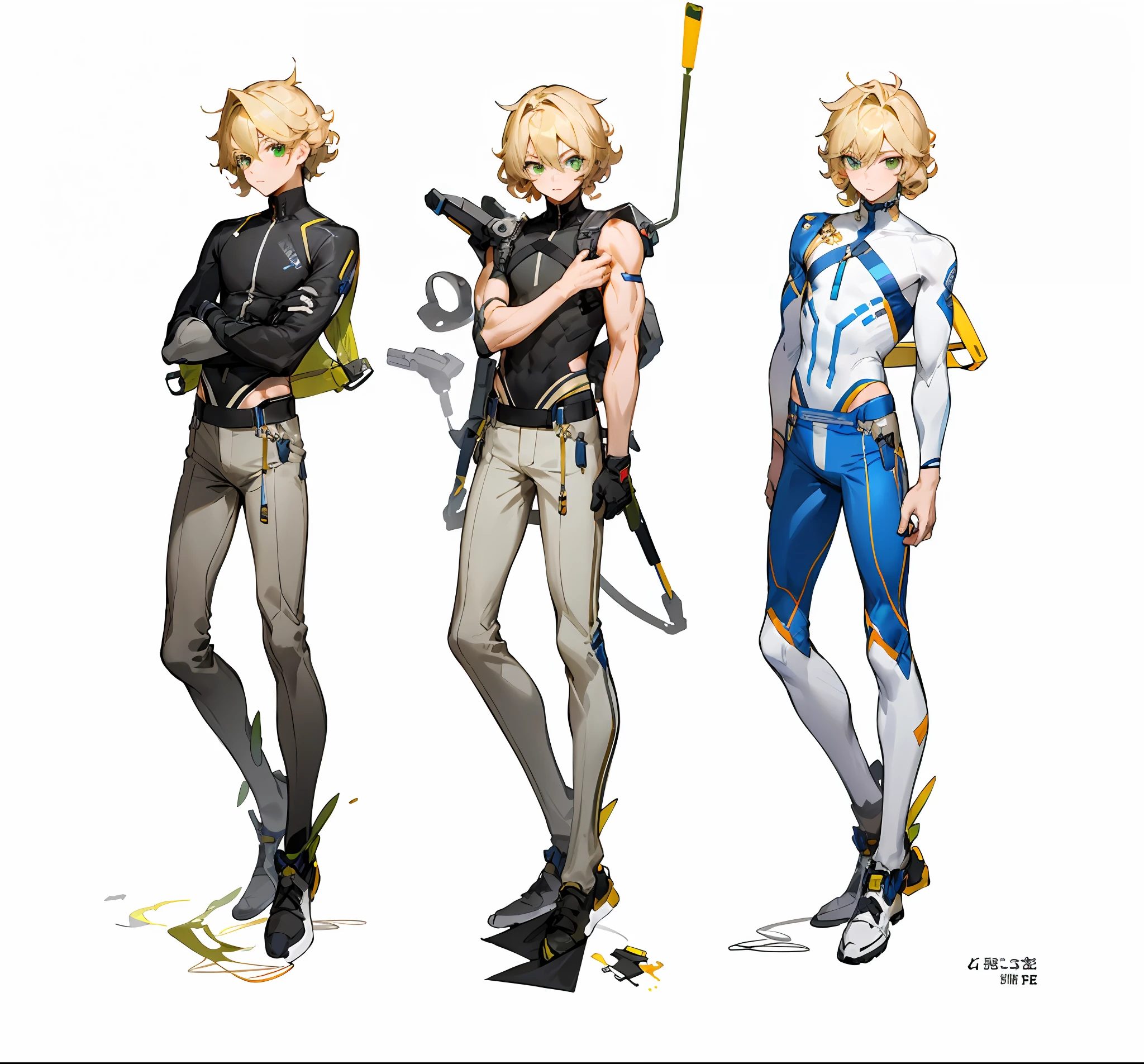 Young male with blonde hair and green eyes，Curls draped over one shoulder，Slim figure，clong legs，Modern style clothing