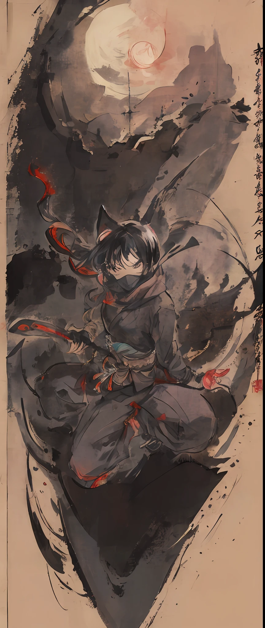 ((4K、A masterpice、最好质量、ninjas))、shuimobysim、Traditional Chinese Ink Painting、One Boy、Sharp eye light、fullmoon、by night、Kodachi、Knives、Ready、Ninja attire、Assassin、black-and-white、monochrome、Demon Face、hood、Chinese Ink、Jumping、jumpping、loimu、