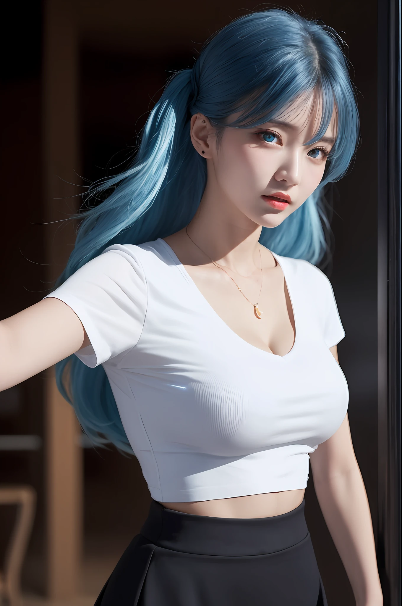 ((A masterpice))、(最好质量)、(fine-detailed)、(1girl in)、blue hairs、Blue glowing eyes、Updo、Camisa blanca、Black skirt、large tits、look down at the viewer