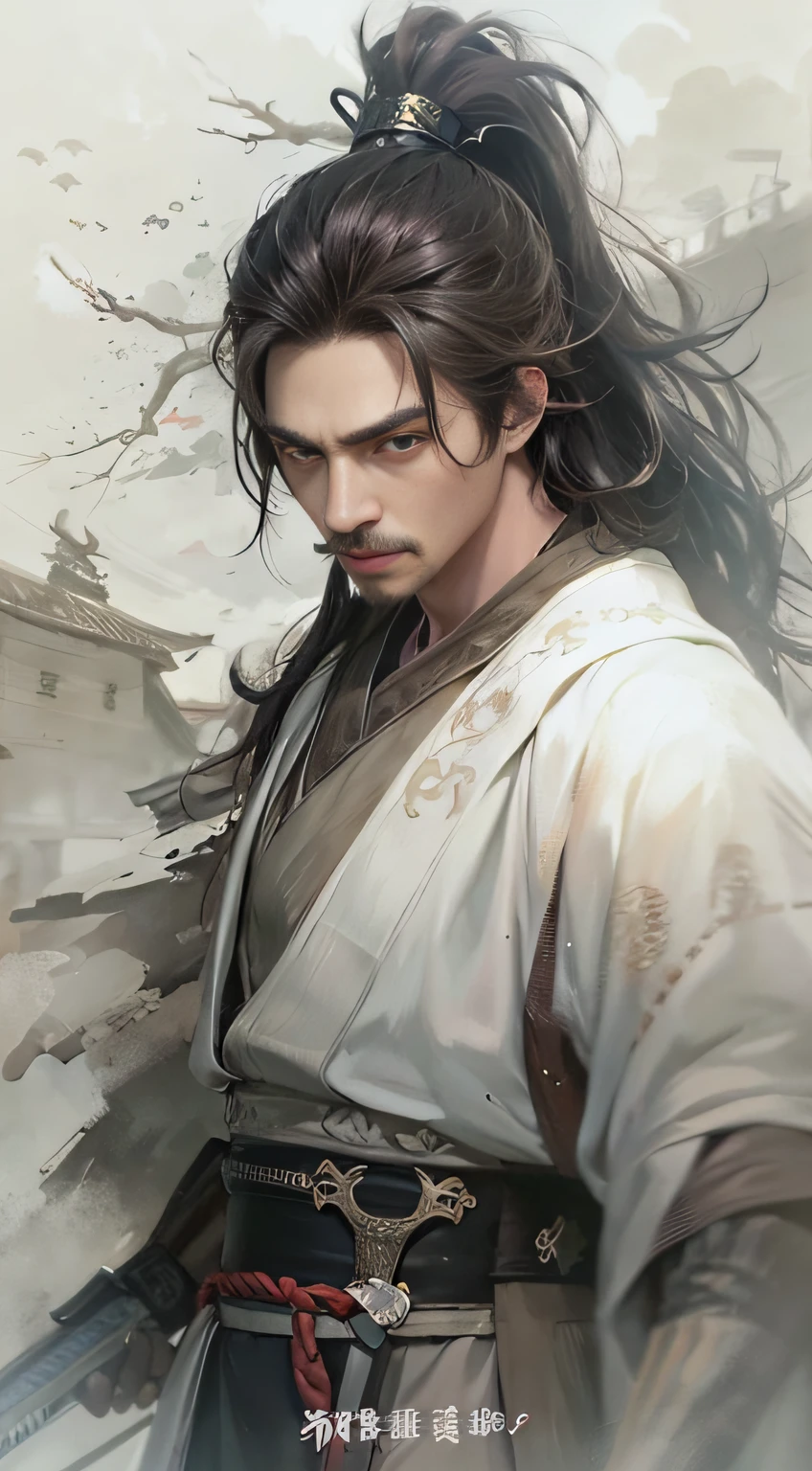 A 40-year-old warrior,length hair,Hanfu,robe,Sword,Handsome face shape,mustaches,Fierce and evil,The eyes are murderous,extremely lifelike:1.2