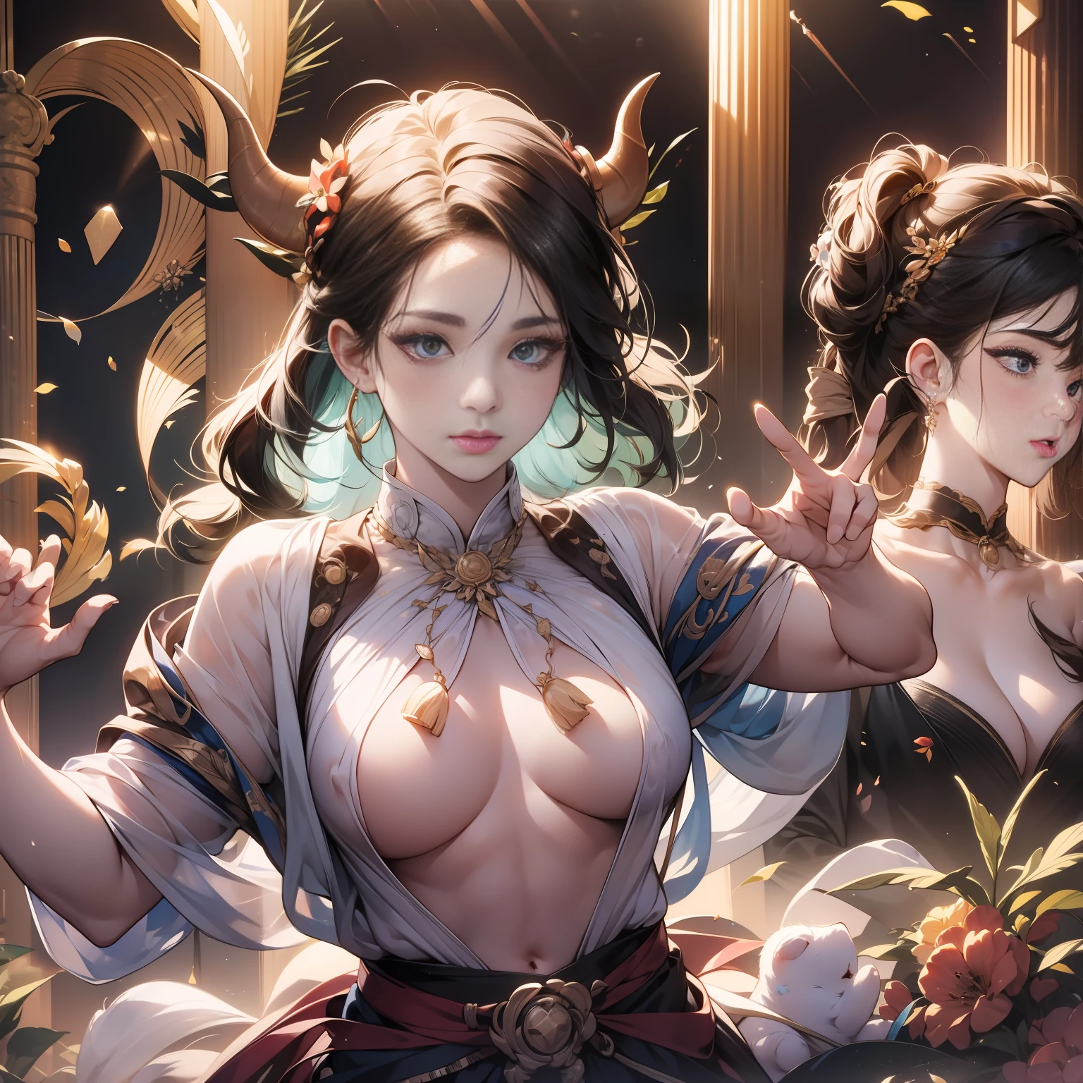 Threesome female idol on stage、detailed faces、Brown shorthair、active、dynamism、cow-boy shot、Floating shirt、smalll breasts、Areola and nipple、Plaid skirt、colorful backdrop、spot lights、A masterpice、最好质量、Top image quality