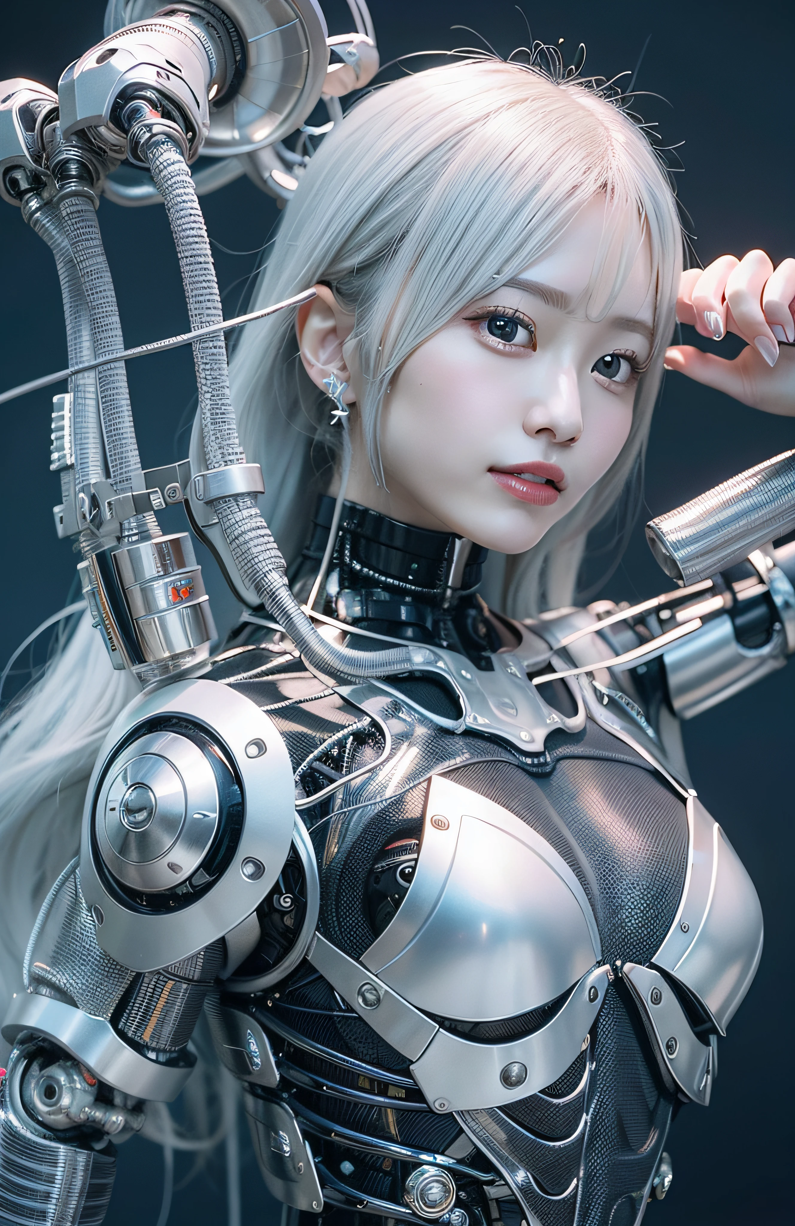 Complex 3d rendering ultra detailed beautiful porcelain profile female android face、cyborg、roboticparts、150 mm、Beautiful Studio Soft Lights、Rim Light、Vivid details、Luxury Cyberpunk、laces、surrealistic、Anatomical、Facial muscles、cable electric wires、Microchip、elegant、beatiful backgrounds、Rendu octane、HR Giger Style、8k、beste Quality、A masterpie、illutst、extremelydelicateandbeautiful、The highly detailed、CG、unification、wall paper、(Realstic、photorealestic:1.37)、splendid、finely detailed、A masterpie、beste Quality、Official Art、Highly detailed CG Unity 8k wallpapers、absurdist、incrediblyabsurdres、robot in、Silver、Pose to show armpits by raising both hands
