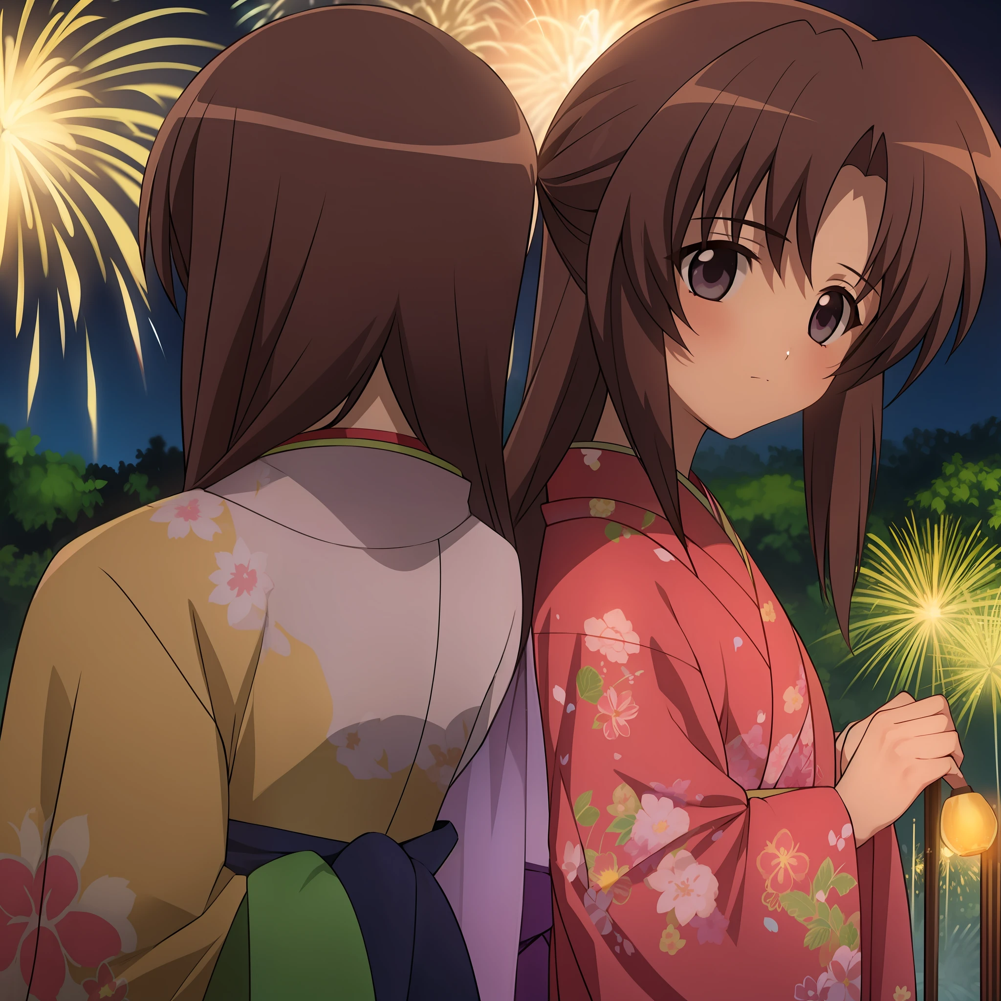 Aniscreen, 1girl, brown hair, long hair, wearing kimono, watching fireworks, outside