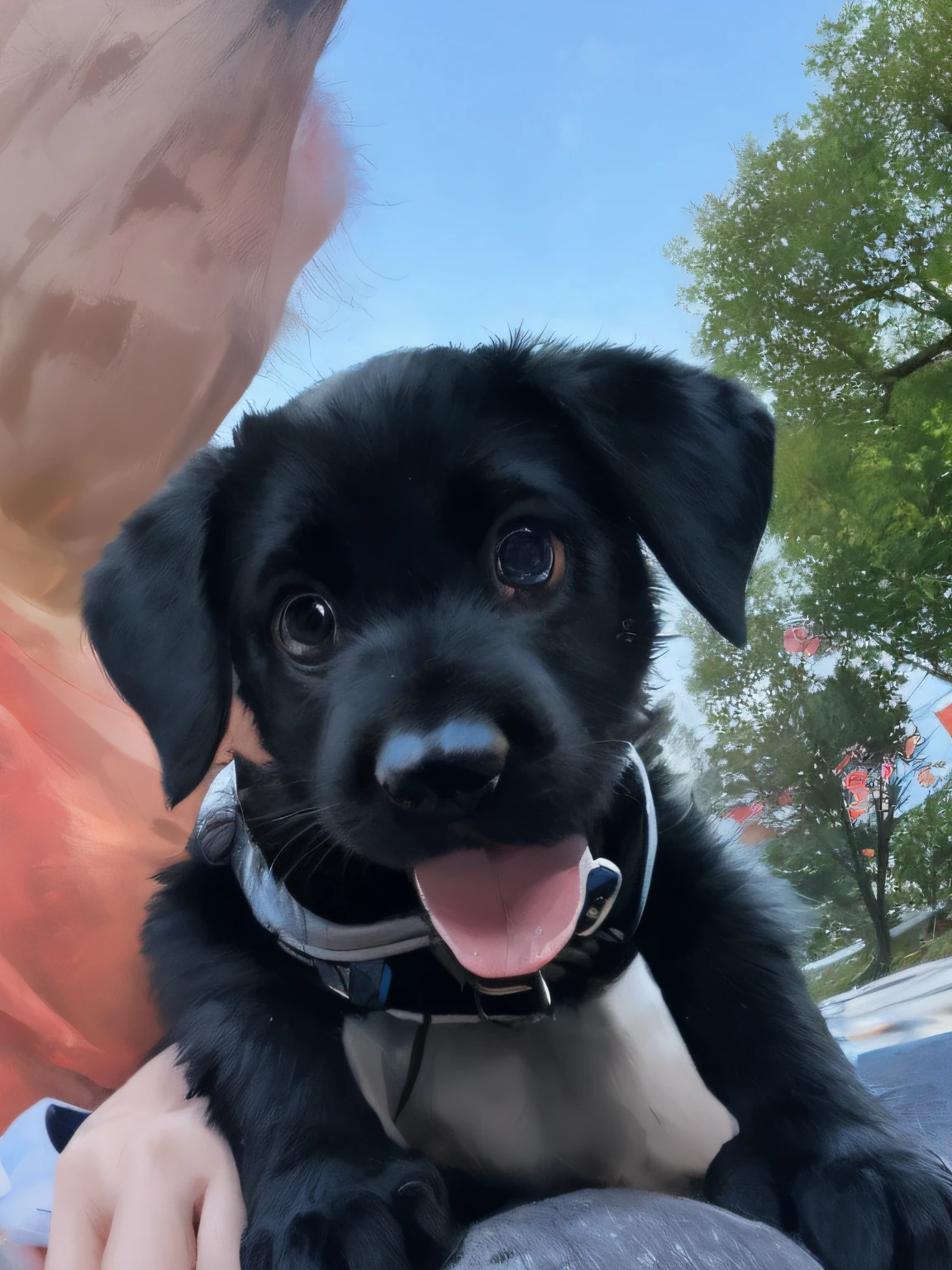 in a oil painting style,Colorful,The main body is a completely black Labrador puppy,The puppy stuck out its tongue,Green trees in the background、Colorful slides and blue sky,style of anime,in a oil painting style,Detailed,Artistic,cute pubic hair