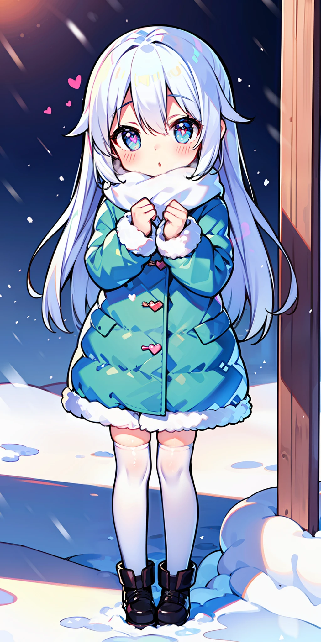 Loli, long hair, cute, heart-shaped pupils, solo, white hair, blush, winter, snow, outdoors, white stockings, standing