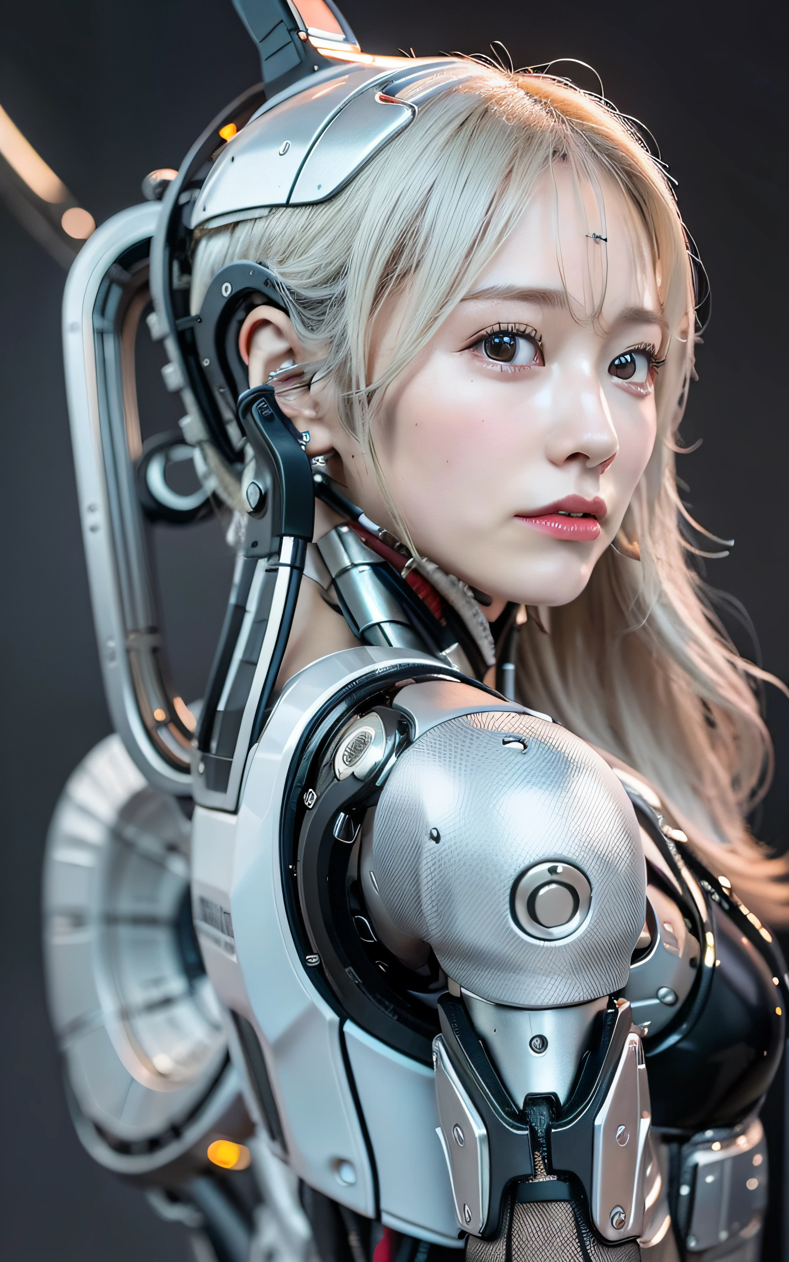 Complex 3d rendering ultra detailed beautiful porcelain profile female android face、cyborg、roboticparts、150 mm、Beautiful Studio Soft Lights、Rim Light、Vivid details、Luxury Cyberpunk、laces、surrealistic、Anatomical、Facial muscles、cable electric wires、Microchip、elegant、beatiful backgrounds、Rendu octane、HR Giger Style、8k、beste Quality、A masterpie、illutst、extremelydelicateandbeautiful、The highly detailed、CG、unification、wall paper、（Realstic、photorealestic：1.37）、splendid、finely detailed、A masterpie、beste Quality、Official Art、Highly detailed CG Unity 8k wallpapers、absurdist、incrediblyabsurdres、robot in、Silver Halmet、full full body、Looking Over Shoulder