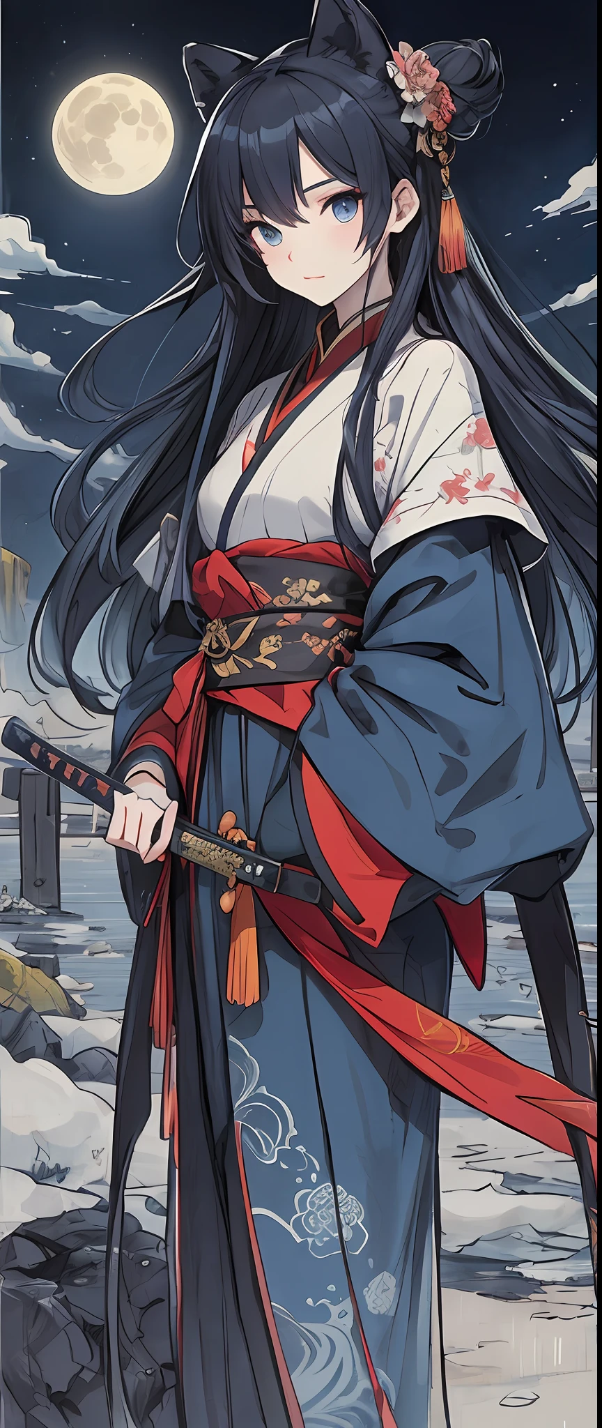 ((4k、A masterpice、beste-Quality))、shuimobysim、traditional Chinese ink painting、Ninja One Girl、独奏、long blue hair、Sharp eye light、The is standing、fullmoon、having katana