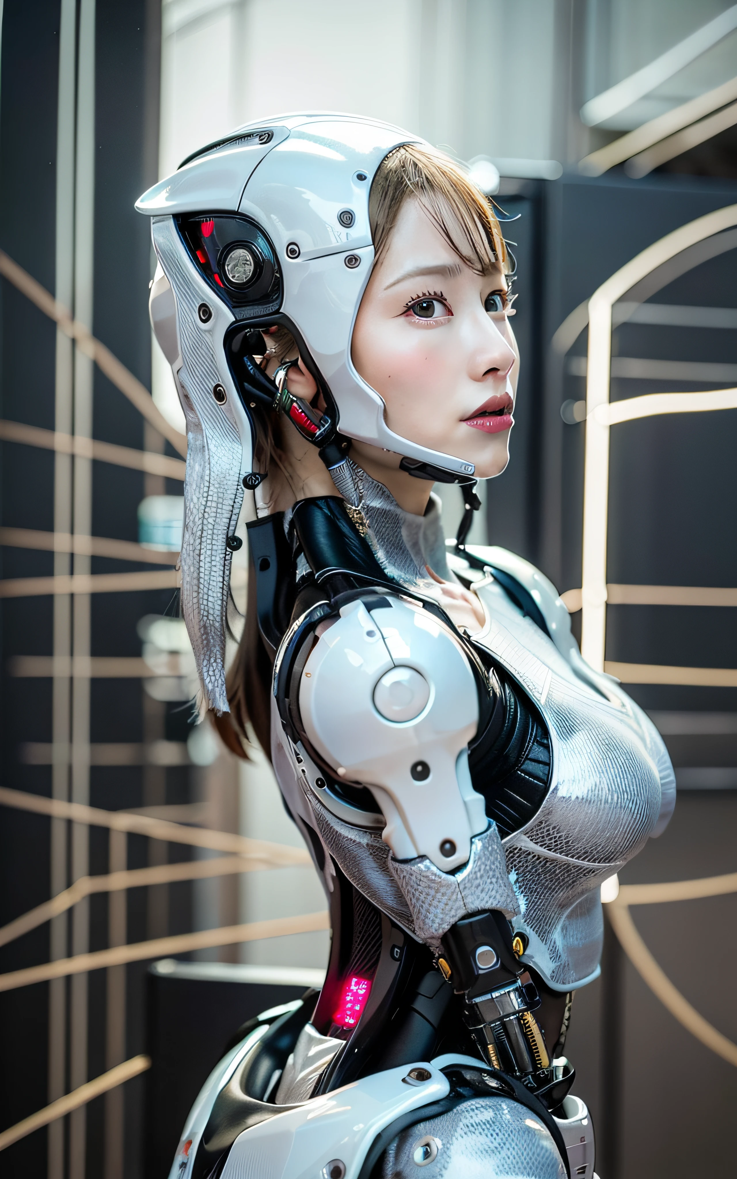 Complex 3d rendering ultra detailed beautiful porcelain profile female android face、cyborg、roboticparts、150 mm、Beautiful Studio Soft Lights、Rim Light、Vivid details、Luxury Cyberpunk、laces、surrealistic、Anatomical、Facial muscles、cable electric wires、Microchip、elegant、beatiful backgrounds、Rendu octane、HR Giger Style、8k、beste Quality、A masterpie、illutst、extremelydelicateandbeautiful、The highly detailed、CG、unification、wall paper、（Realstic、photorealestic：1.37）、splendid、finely detailed、A masterpie、beste Quality、Official Art、Highly detailed CG Unity 8k wallpapers、absurdist、incrediblyabsurdres、robot in、Silver Halmet、full full body、Looking Over Shoulder
