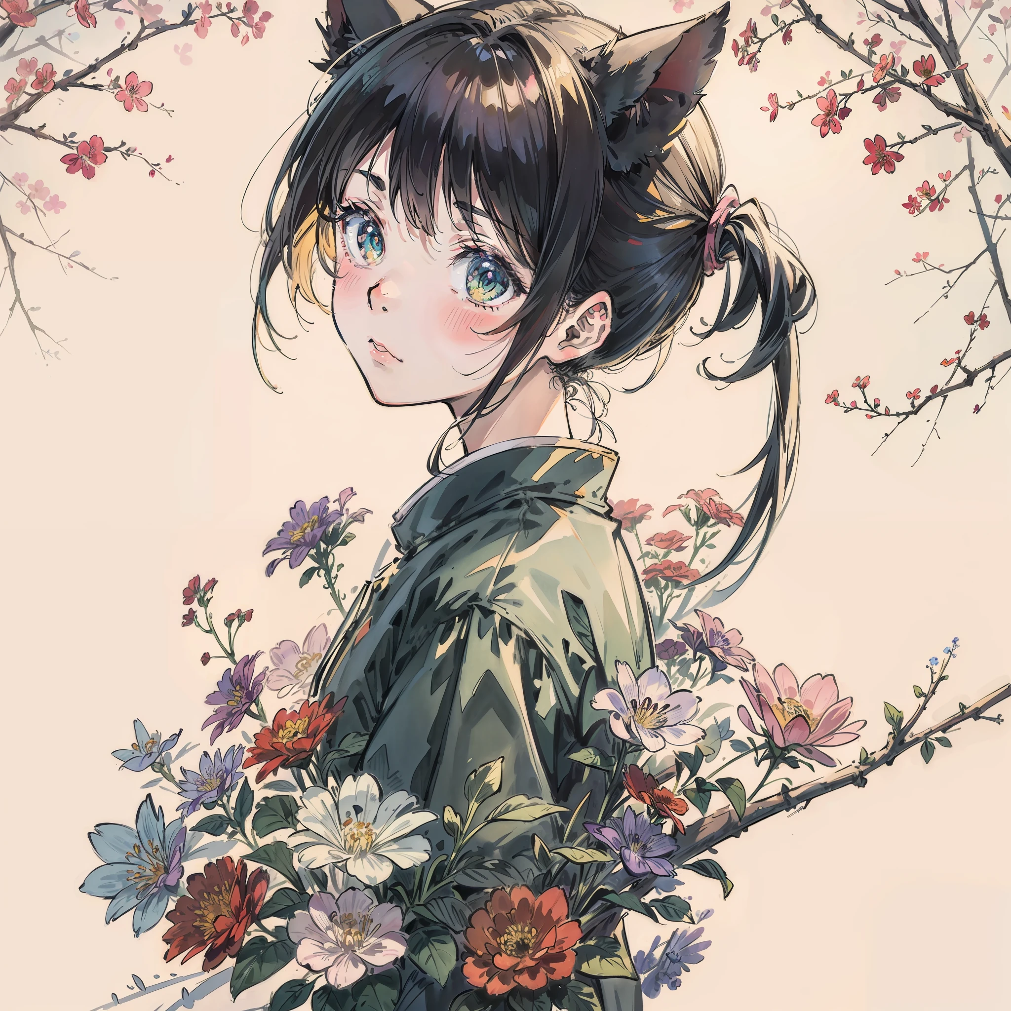 Anime Pictures。Delicate lines。Bright and refreshing shades。Cute cat-eared girl about 18 years old。Deformed illustration。Design composition with the image of colorful flowers。Hedge of flowers in the background。Extremely high quality、high picture quality、A masterpice、Best-aesthetic