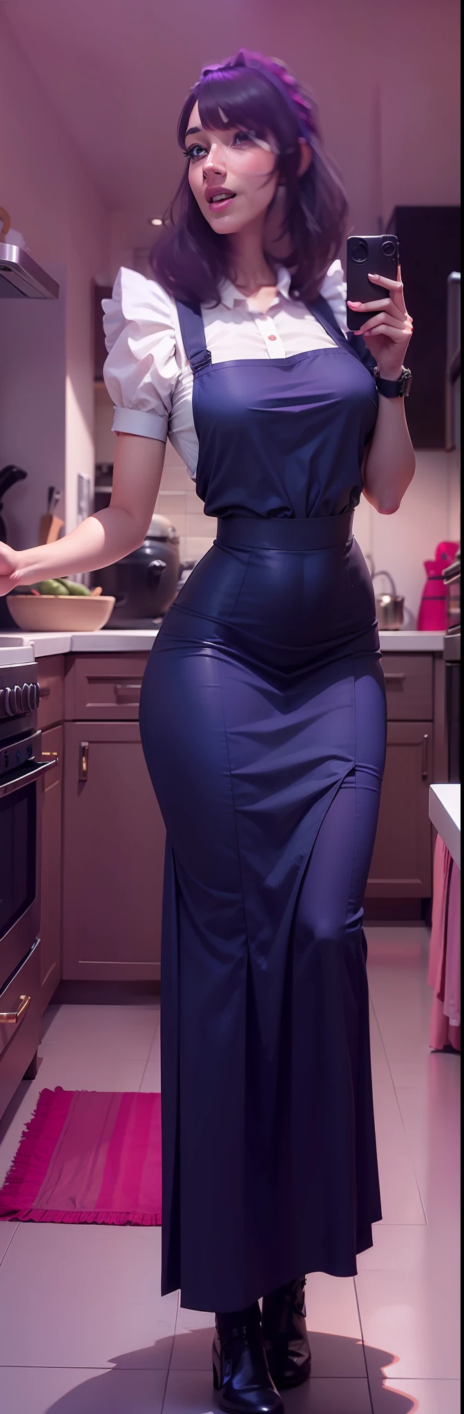 photo of th3r0ck as a playful maid, 1girl, undercut hair, apron, amazing body, pronounced feminine feature, busty, kitchen, blonde medium hair, flirting with camera