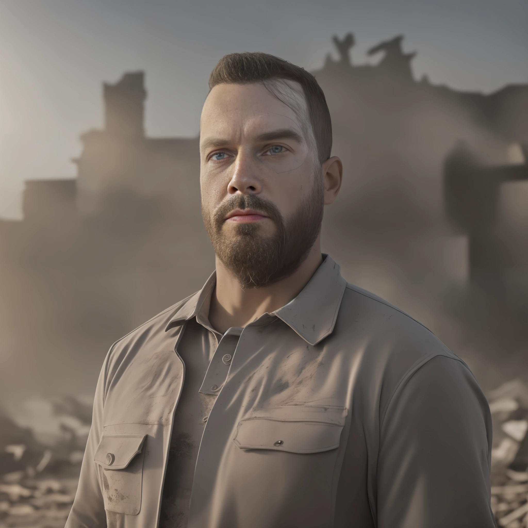 (1 American man), (bust), side-looking, face dusty and painted, gray tones, (muscle), octane rendering, depth of field, collapsed houses and ruins in the background, ruins, intricate background, picture with raised dust, Tyndall light, sunlight, natural light, ray tracing, wearing bulletproof vest,