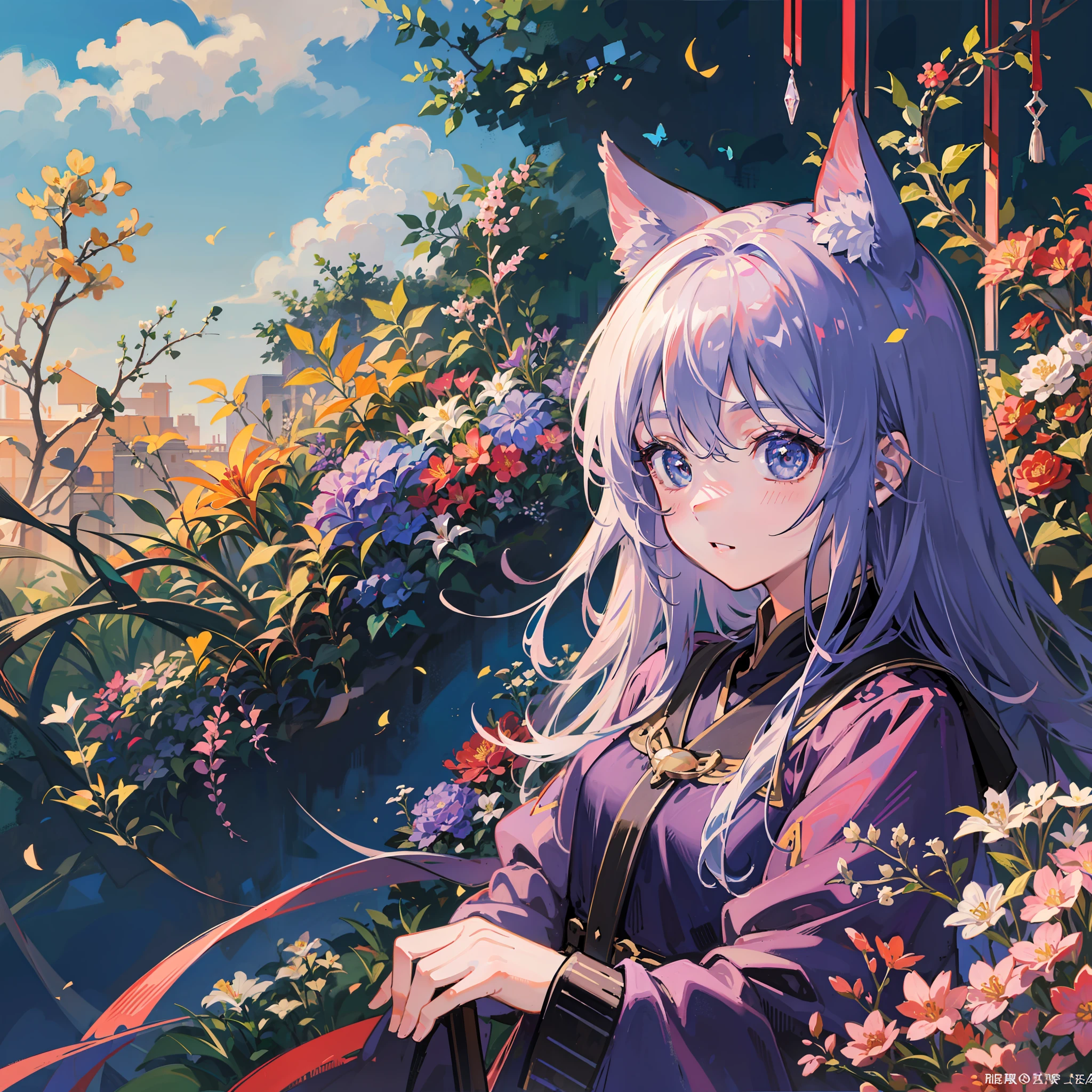 Anime Pictures。Delicate lines。Bright and refreshing shades。Cute cat-eared girl about 18 years old。Deformed illustration。Design composition with the image of colorful flowers。Hedge of flowers in the background。Extremely high quality、high picture quality、A masterpice、Best-aesthetic